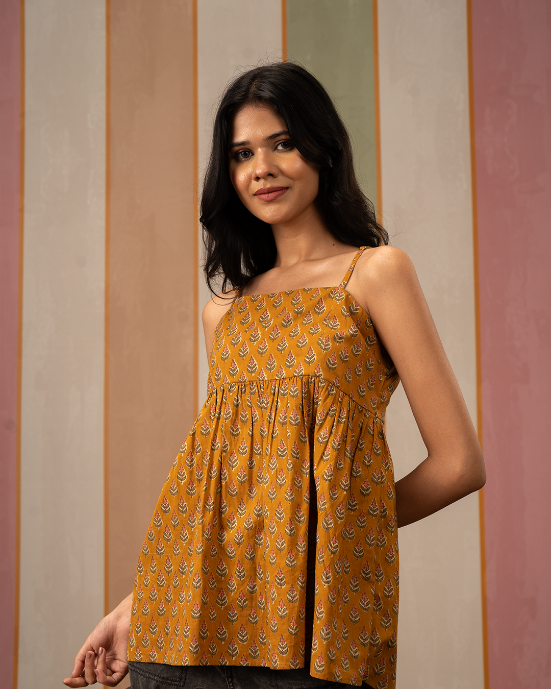 Yellow Blockprint Cotton Peplum Strap Top - Industale