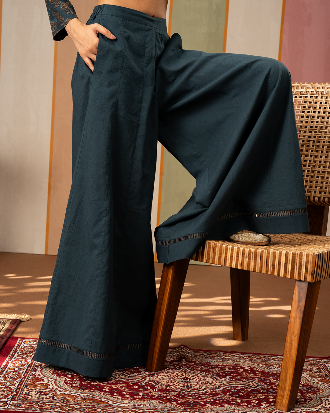 Blue Solid Cotton Palazzo Pants - Industale