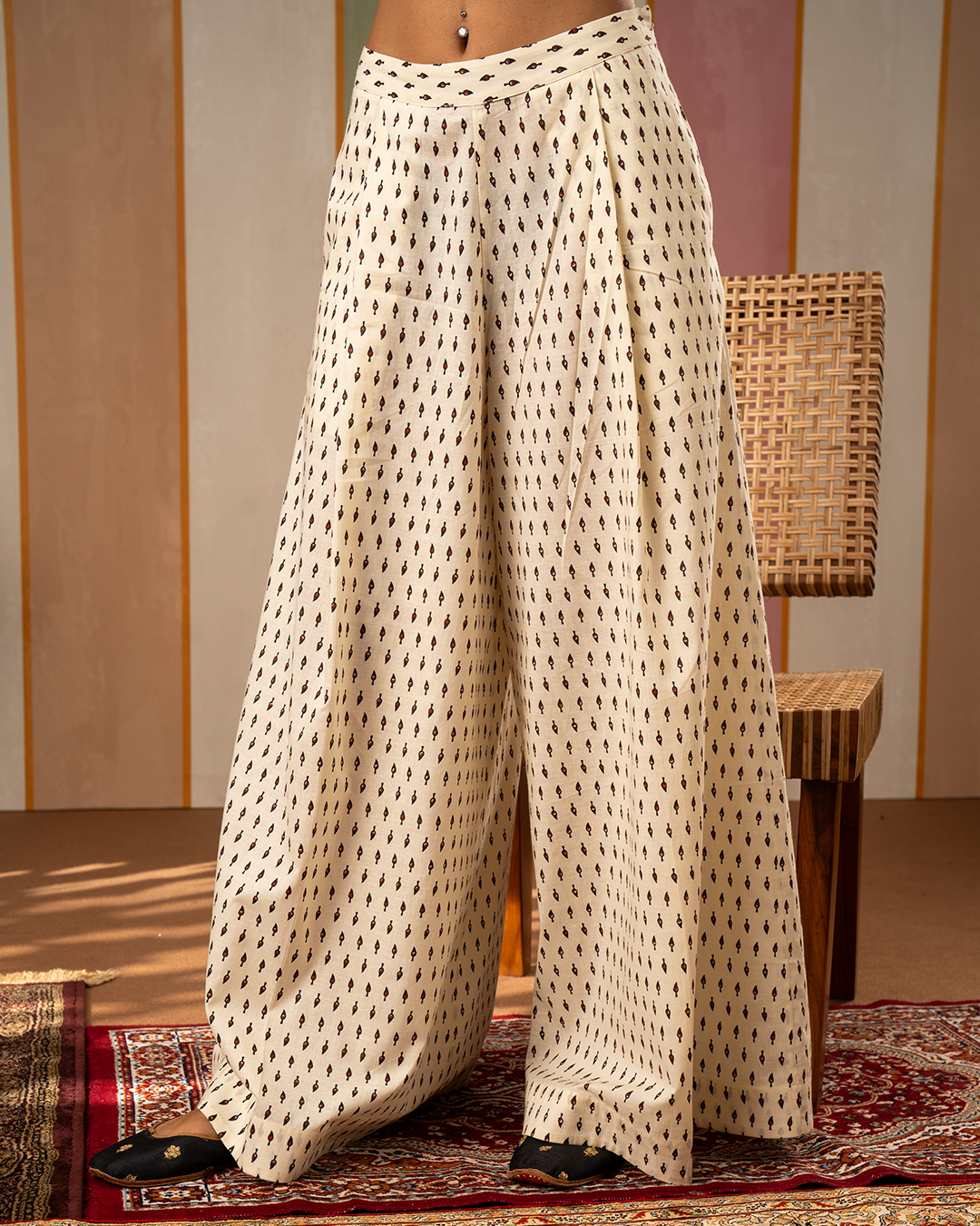 White Blockprint Cotton Palazzo Pants - Industale