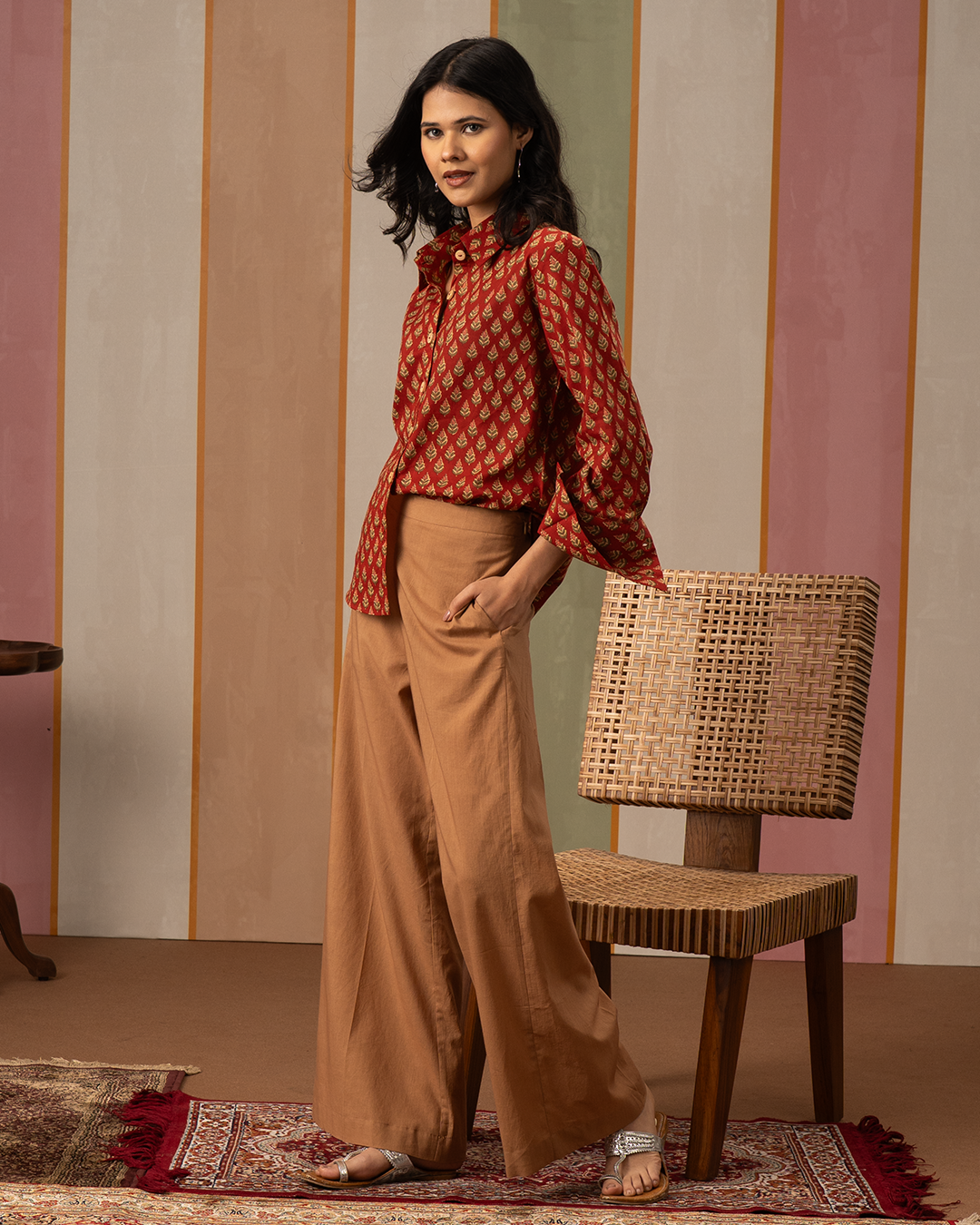 Red and Brown Cotton Blockprint Shirt Coord Set - Industale