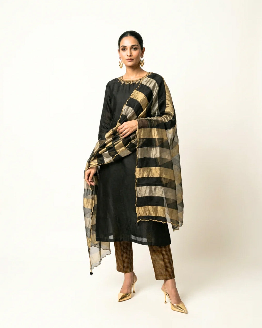 Kajal Chanderi Kurta Set - Charcoal & Gold