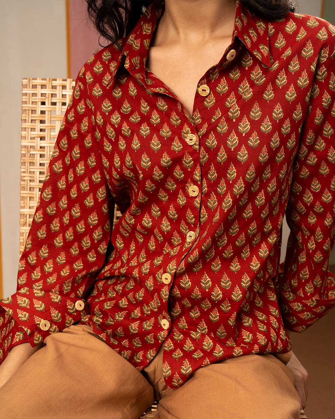Red Blockprint Womens Cotton Shirt - Industale