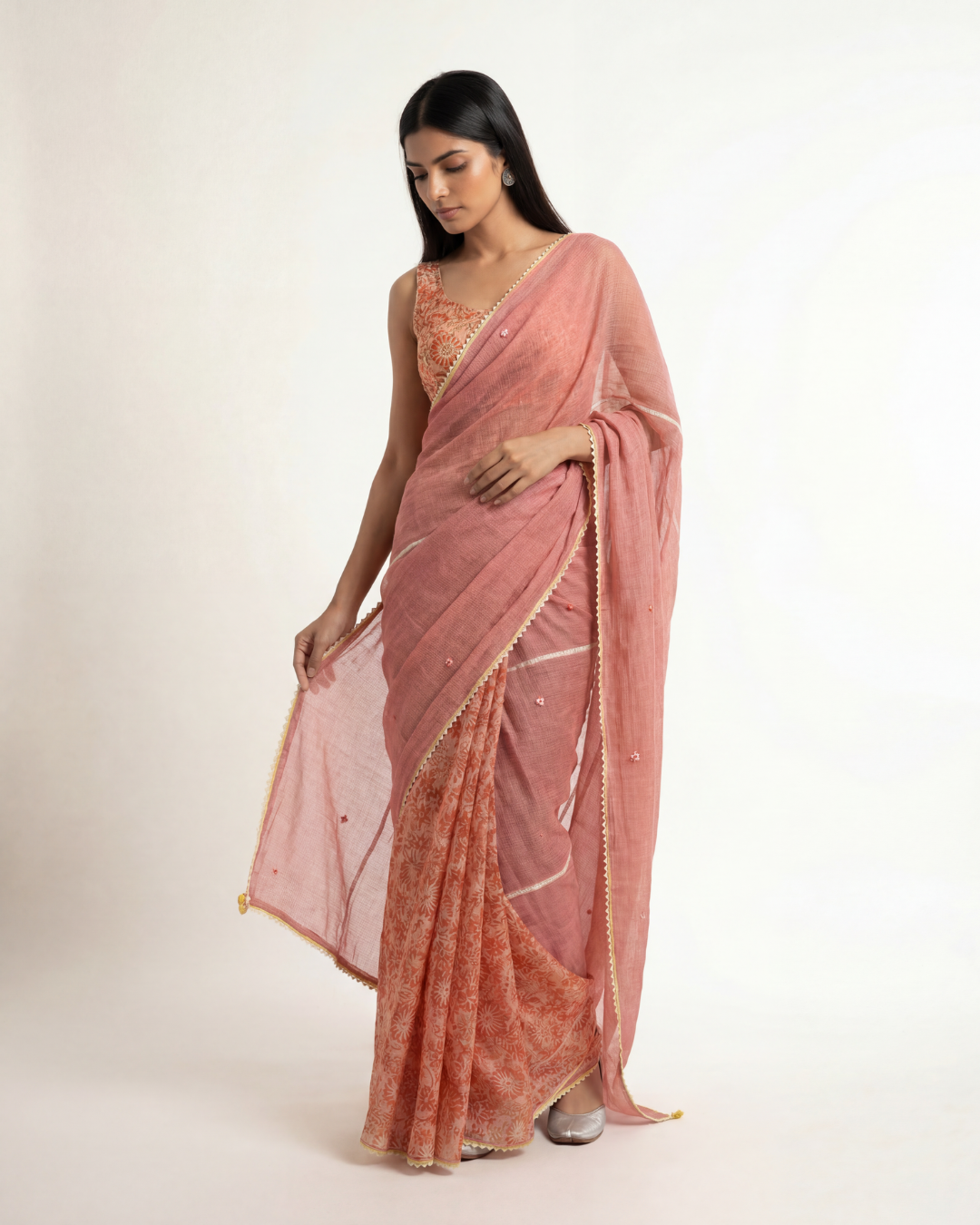 Sheen Doria Saree - Salmon Pink