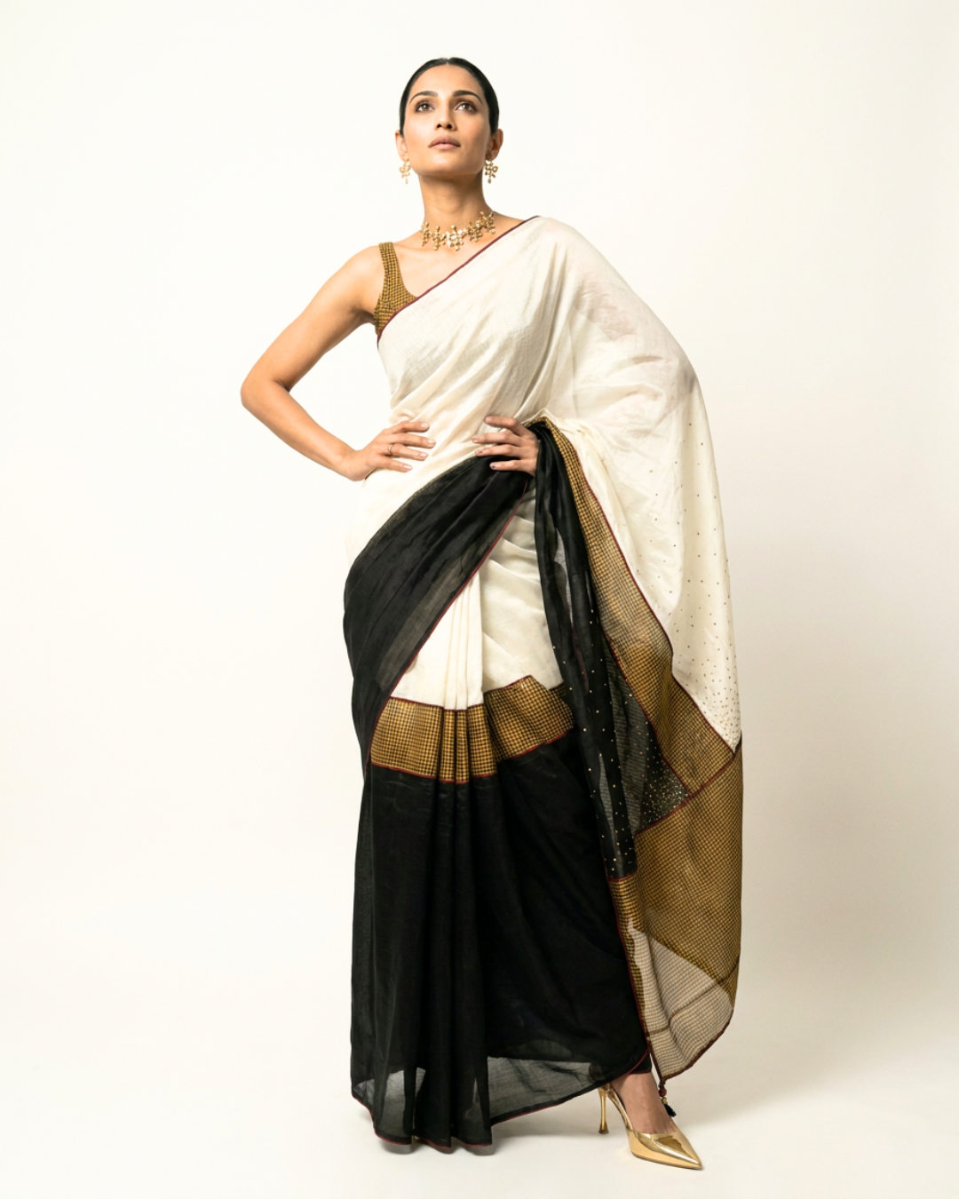Goonj Chanderi Saree - Gold, Ivory & Charcoal