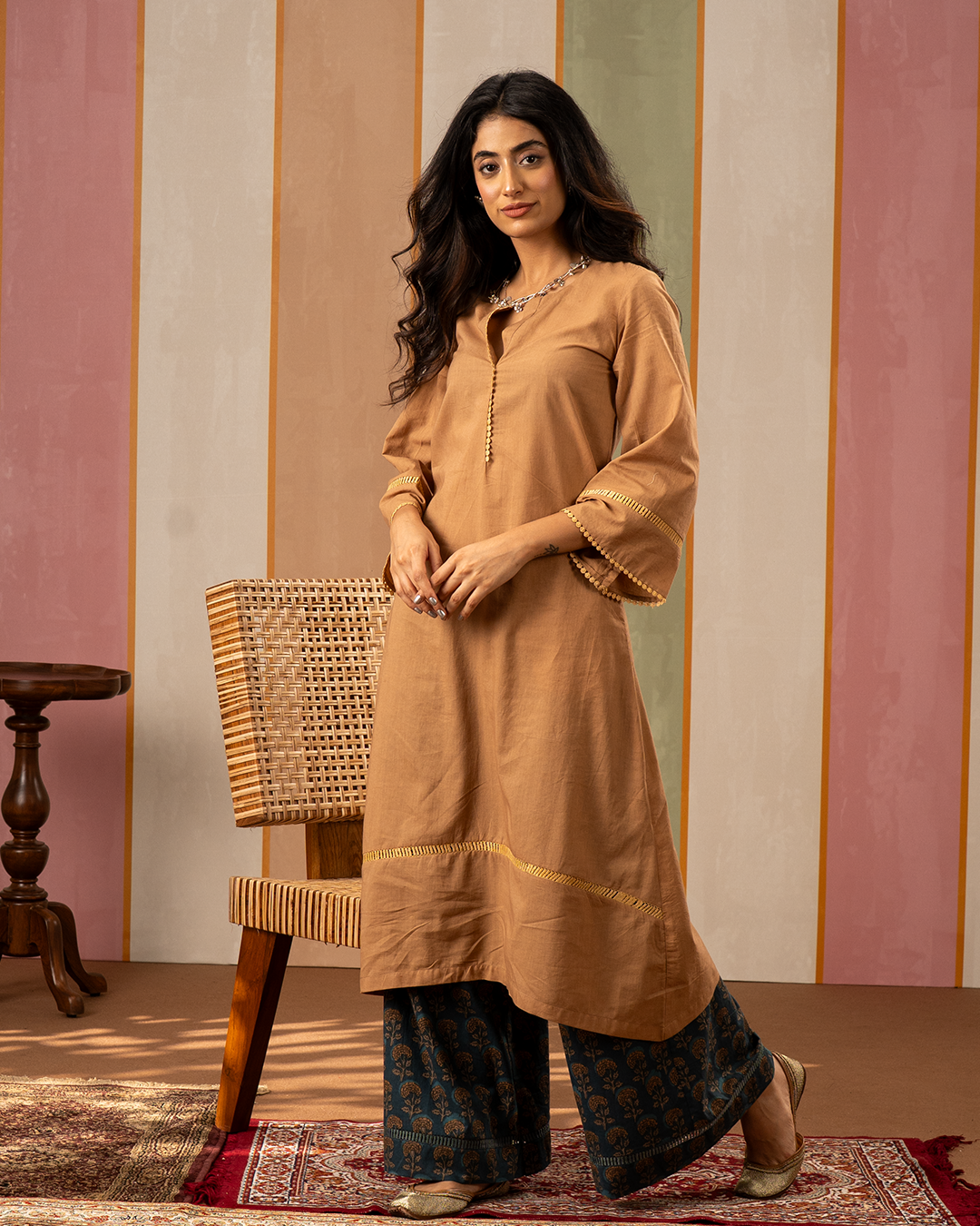 Brown and Blue Printed Cotton Kurta Set - Industale