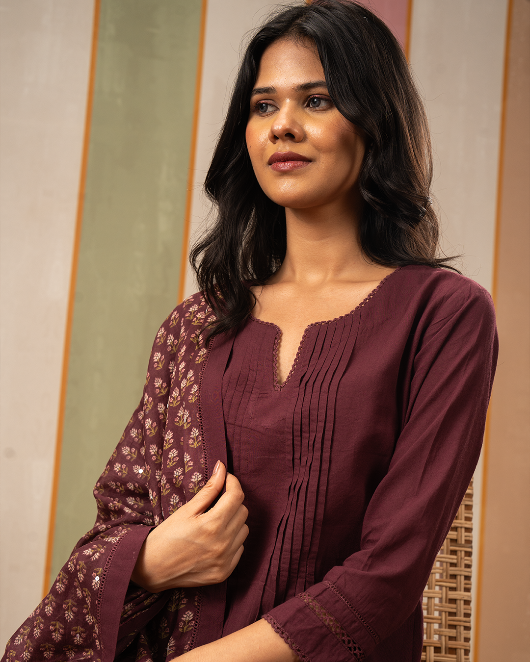 Purple Solid Cotton Kurta Set with Printed Cotton Dupatta - Industale