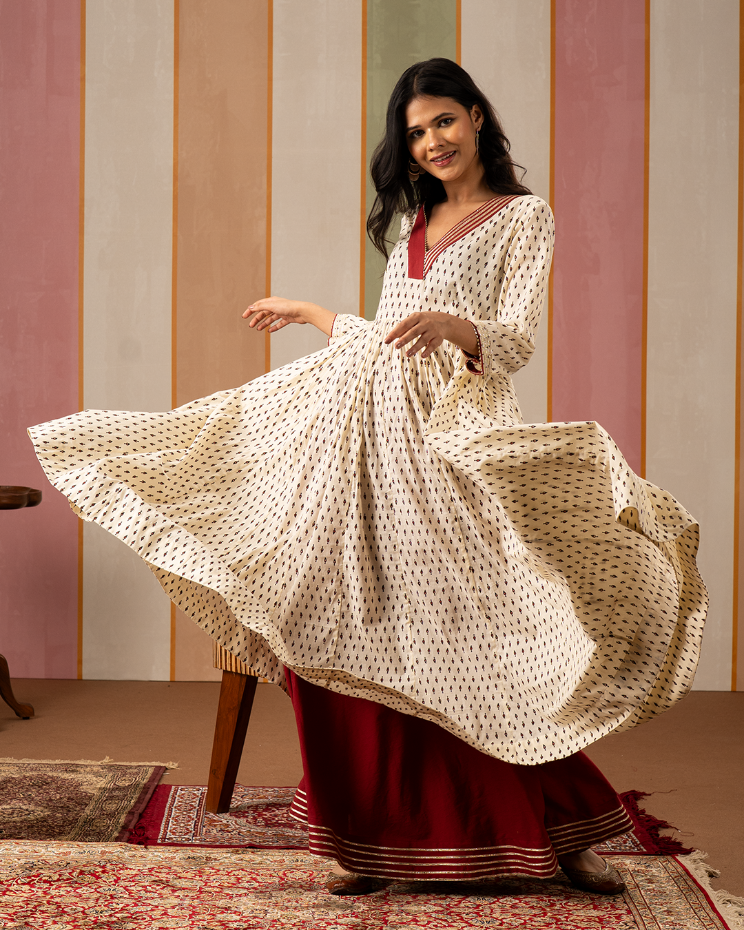 White Blockprint Cotton Flare Kurta - Industale