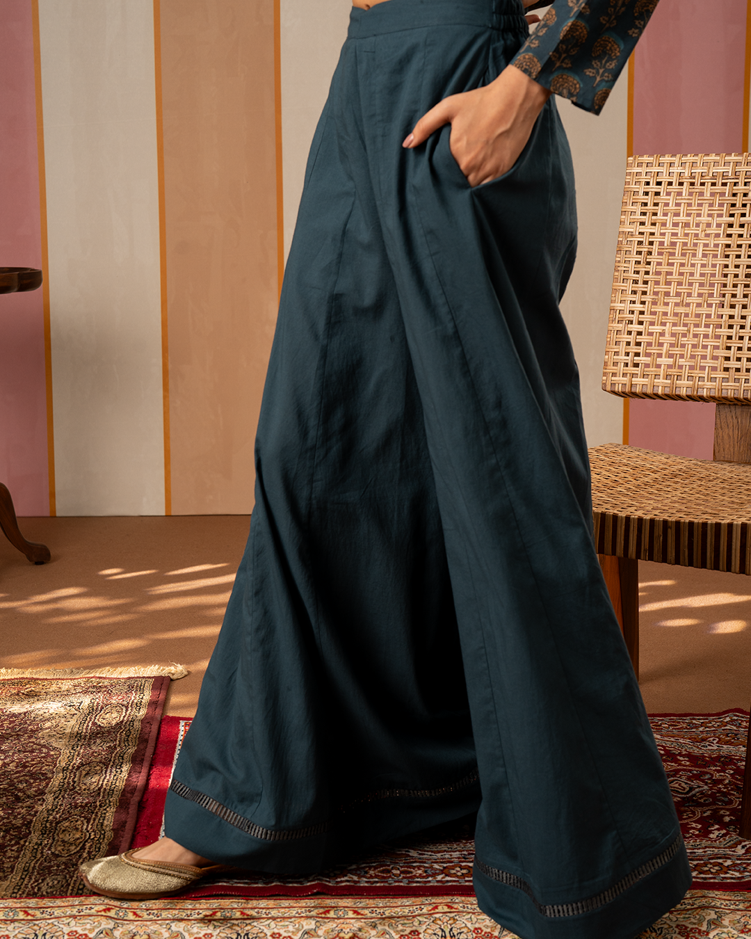 Blue Solid Cotton Palazzo Pants - Industale
