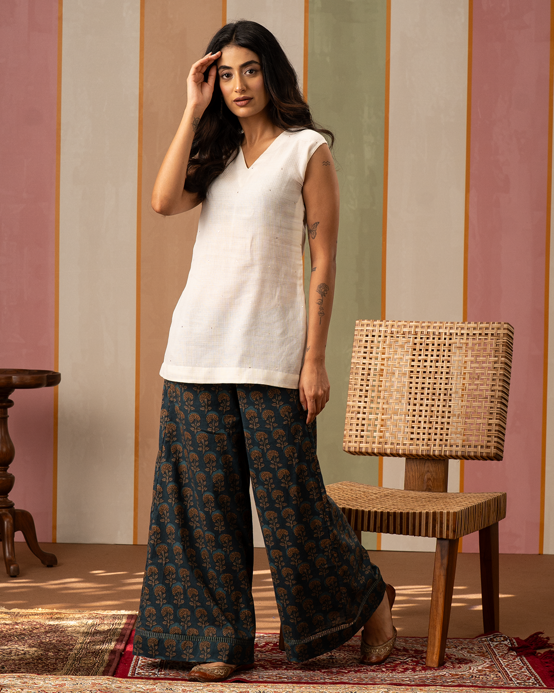 White and Blue Blockprint Cotton Doria Coord Set - Industale