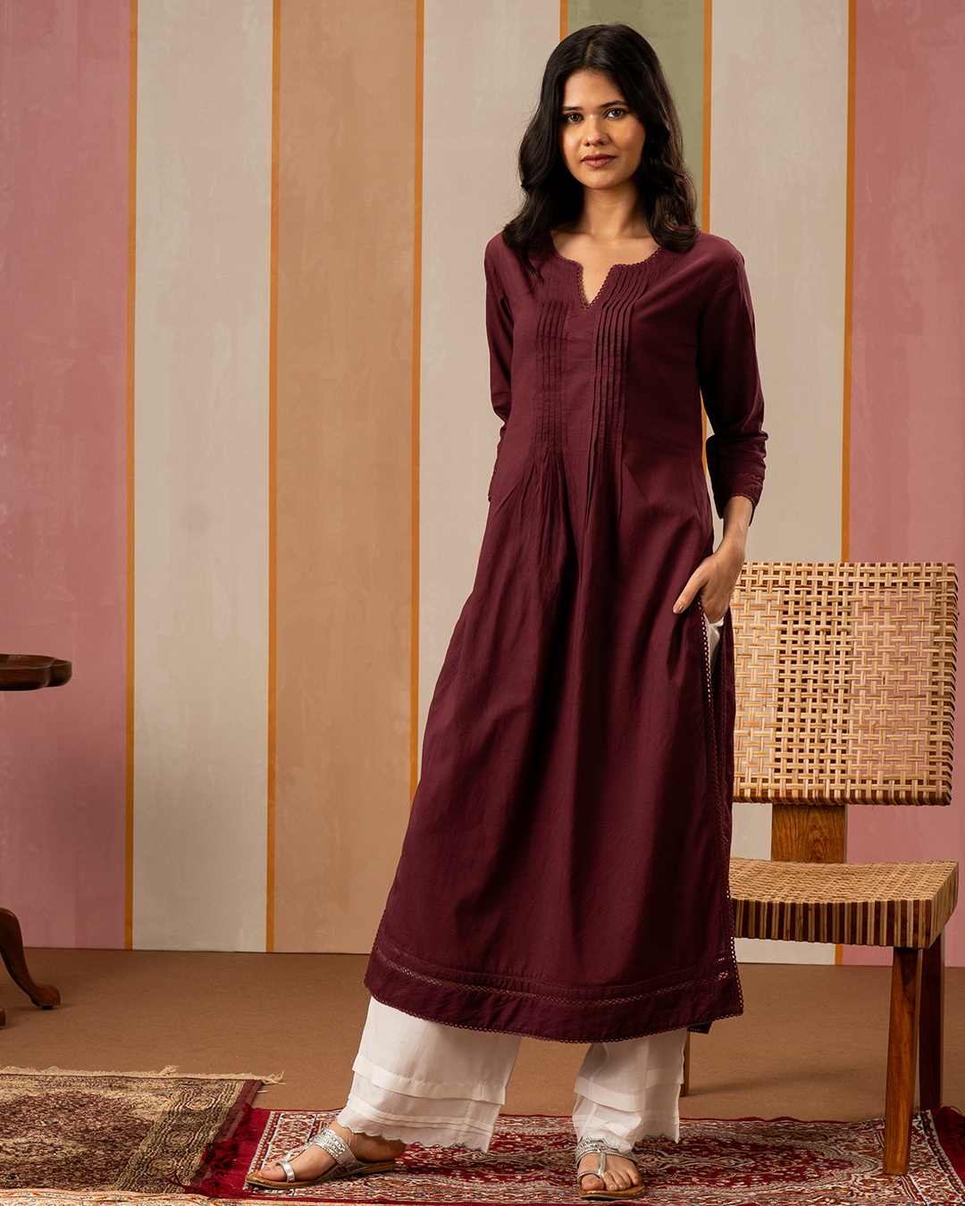 Purple Solid Cotton Straight Kurta - Industale
