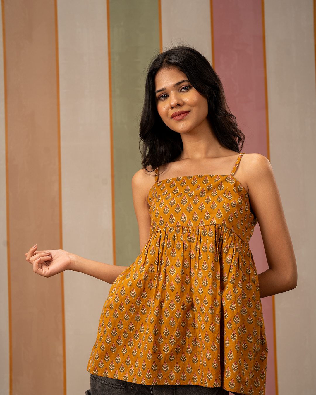 Yellow Blockprint Cotton Peplum Strap Top - Industale