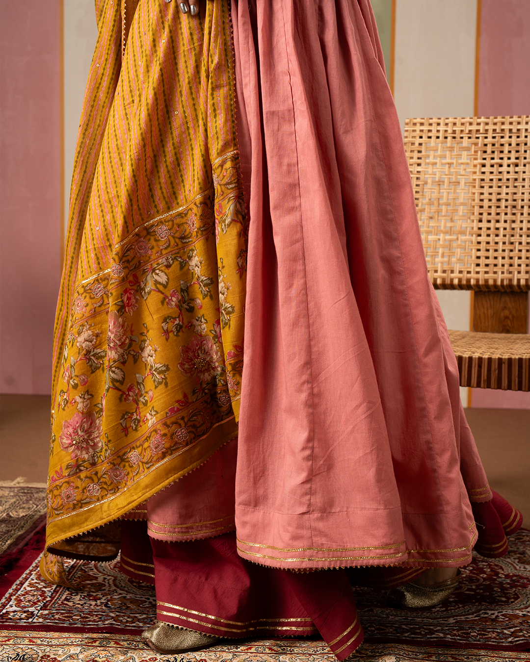 Pink Solid Cotton Flare Kurta Set with Printed Yellow Dupatta - Industale