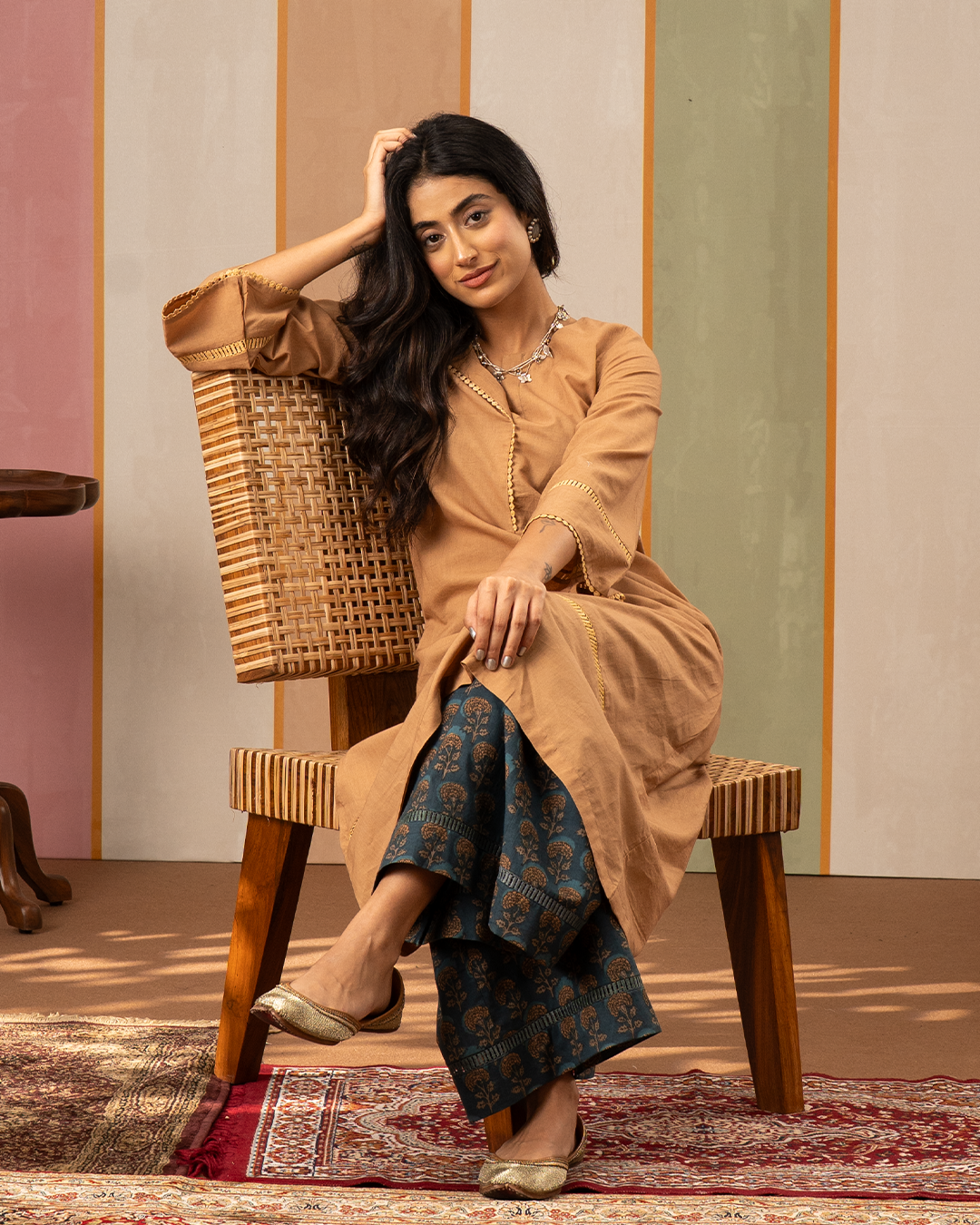 Brown and Blue Printed Cotton Kurta Set - Industale