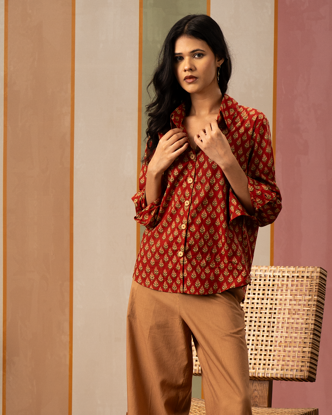 Red Blockprint Womens Cotton Shirt - Industale