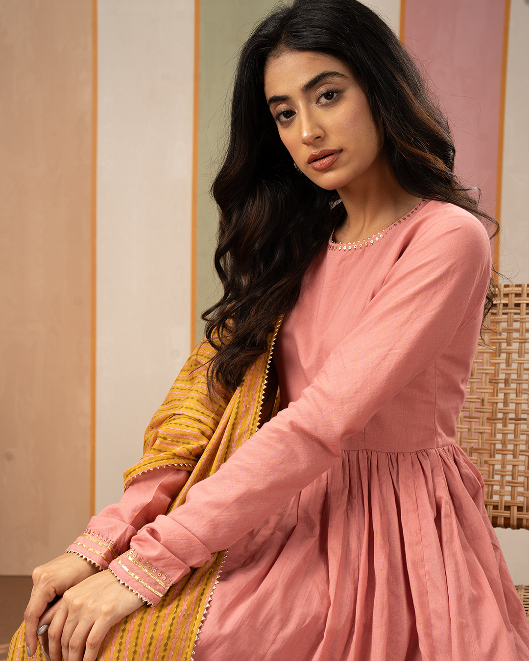 Pink Solid Cotton Flare Kurta - Industale