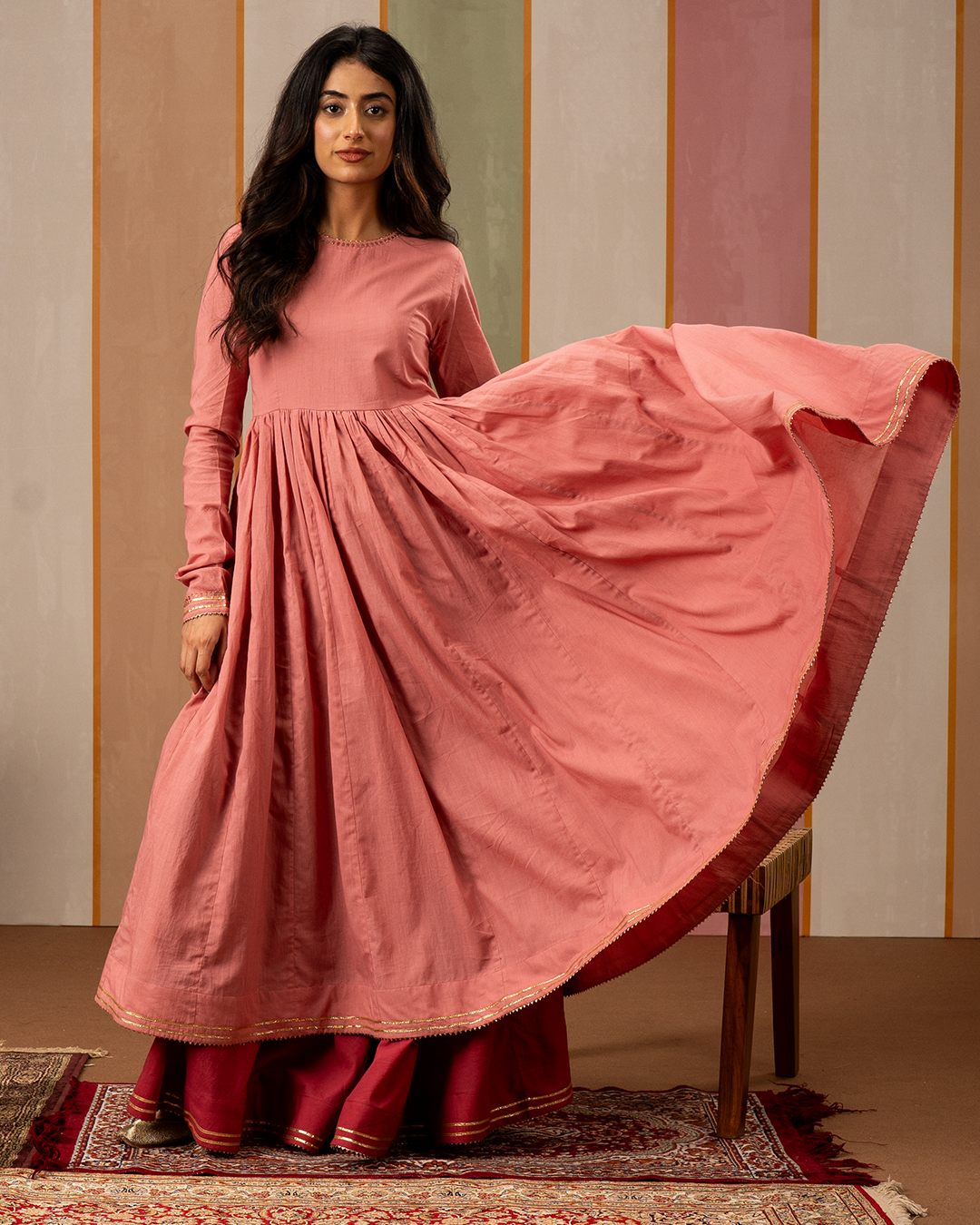 Pink Solid Cotton Flare Kurta Set with Printed Yellow Dupatta - Industale