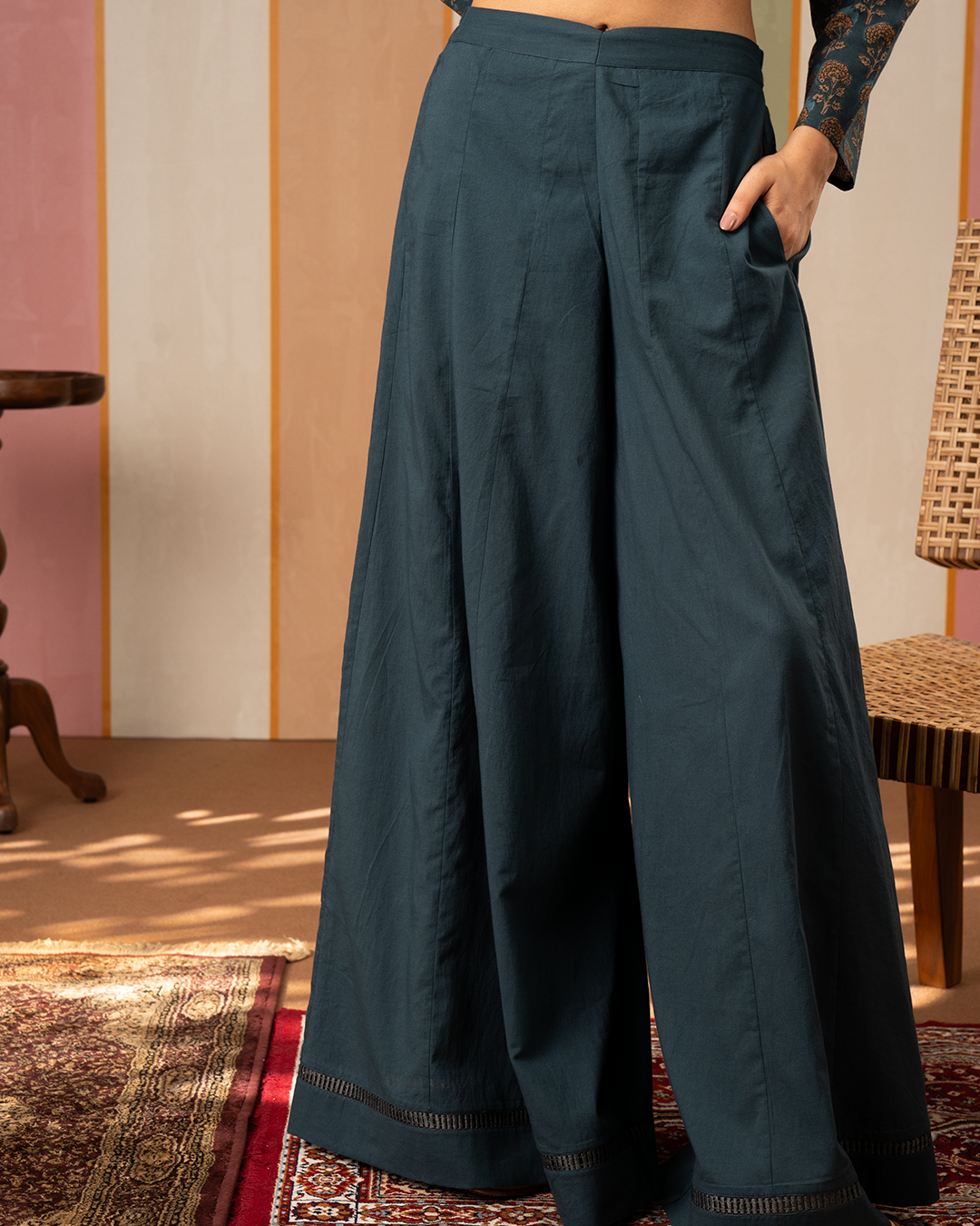 Blue Solid Cotton Palazzo Pants - Industale