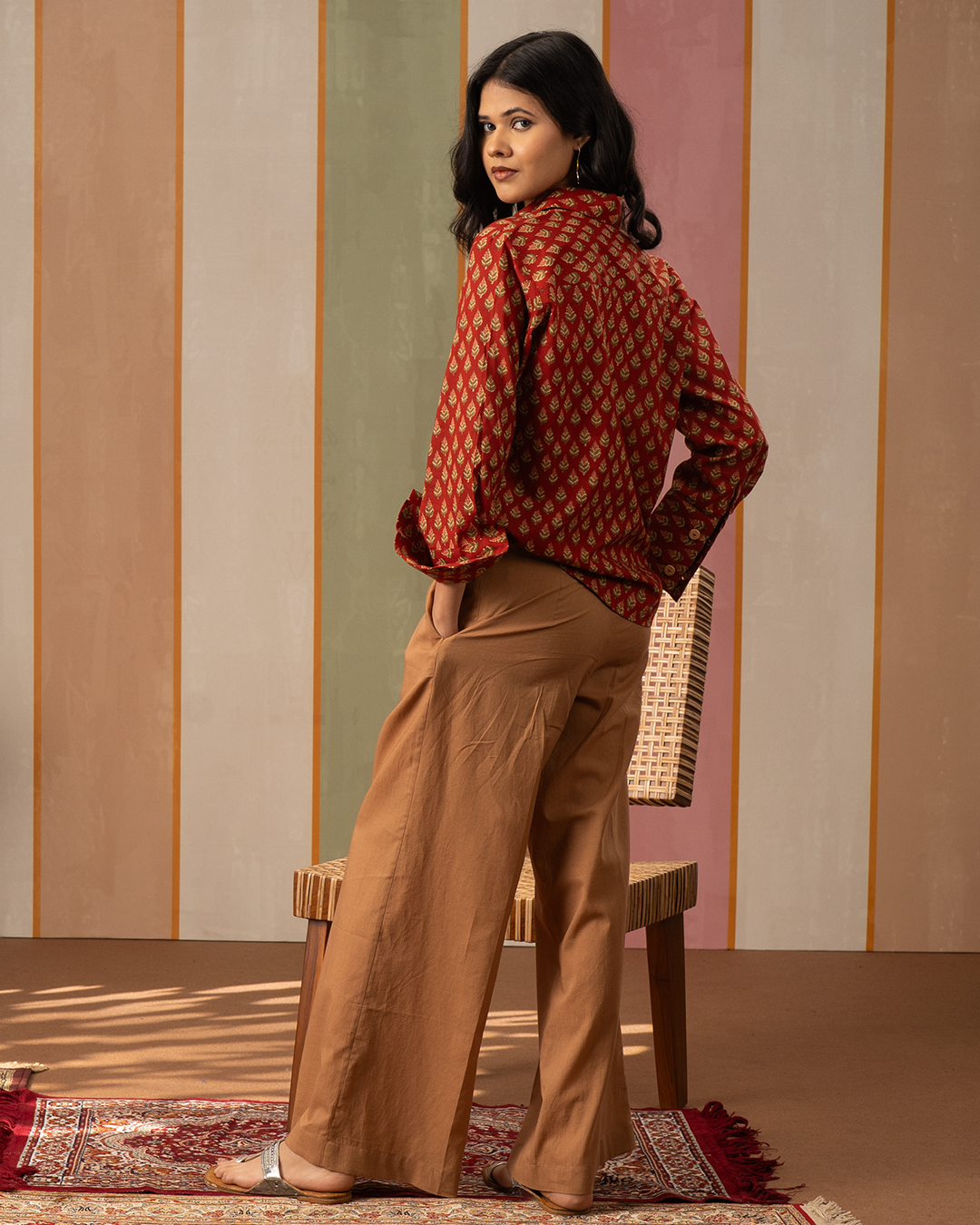 Red and Brown Cotton Blockprint Shirt Coord Set - Industale