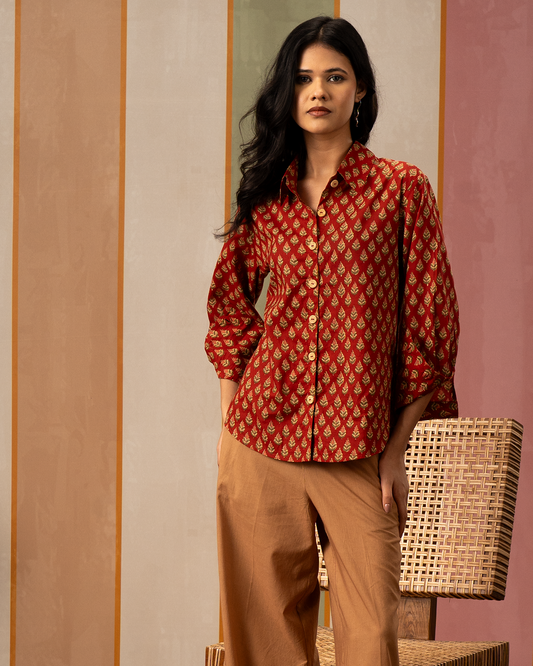 Red Blockprint Womens Cotton Shirt - Industale