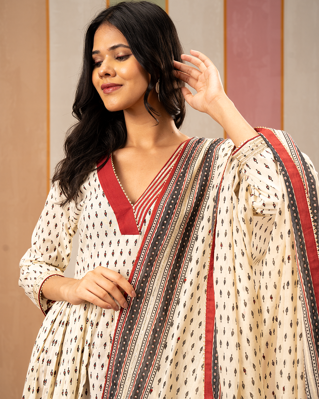 White Printed Cotton Flare Kurta Set - Industale