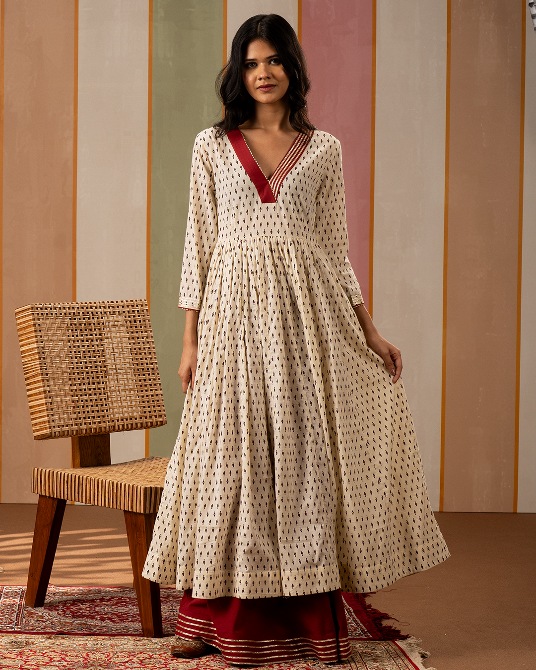 White Blockprint Cotton Flare Kurta - Industale