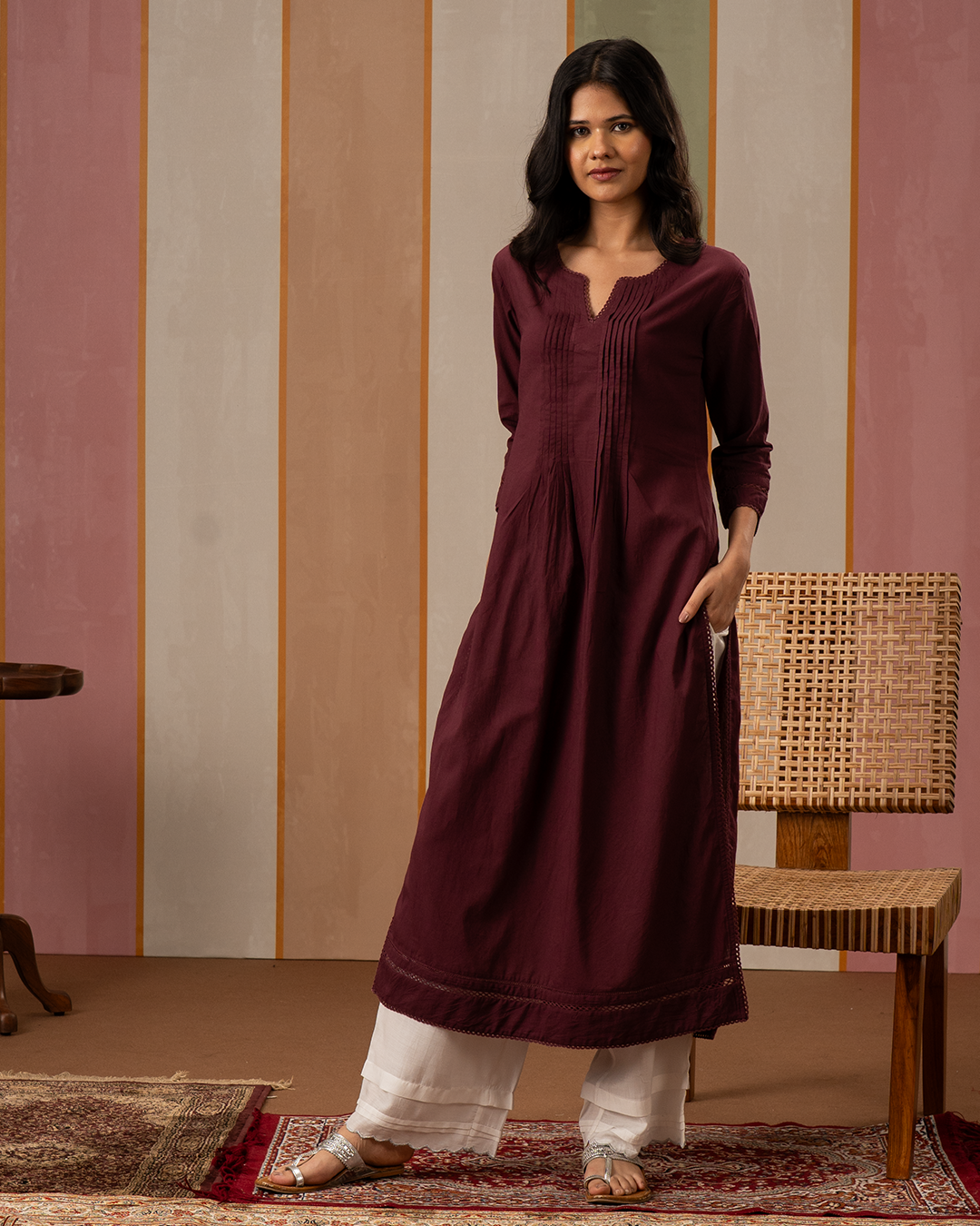 Purple Solid Cotton Kurta Set with Printed Cotton Dupatta - Industale