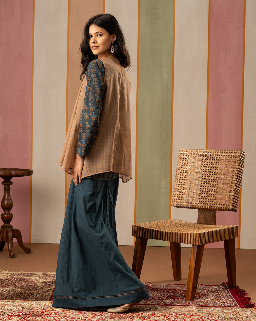 Blue and Brown Cotton Doria Blockprint Coord Set with Jacket - Industale