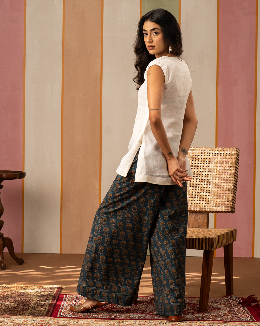 White and Blue Blockprint Cotton Doria Coord Set - Industale