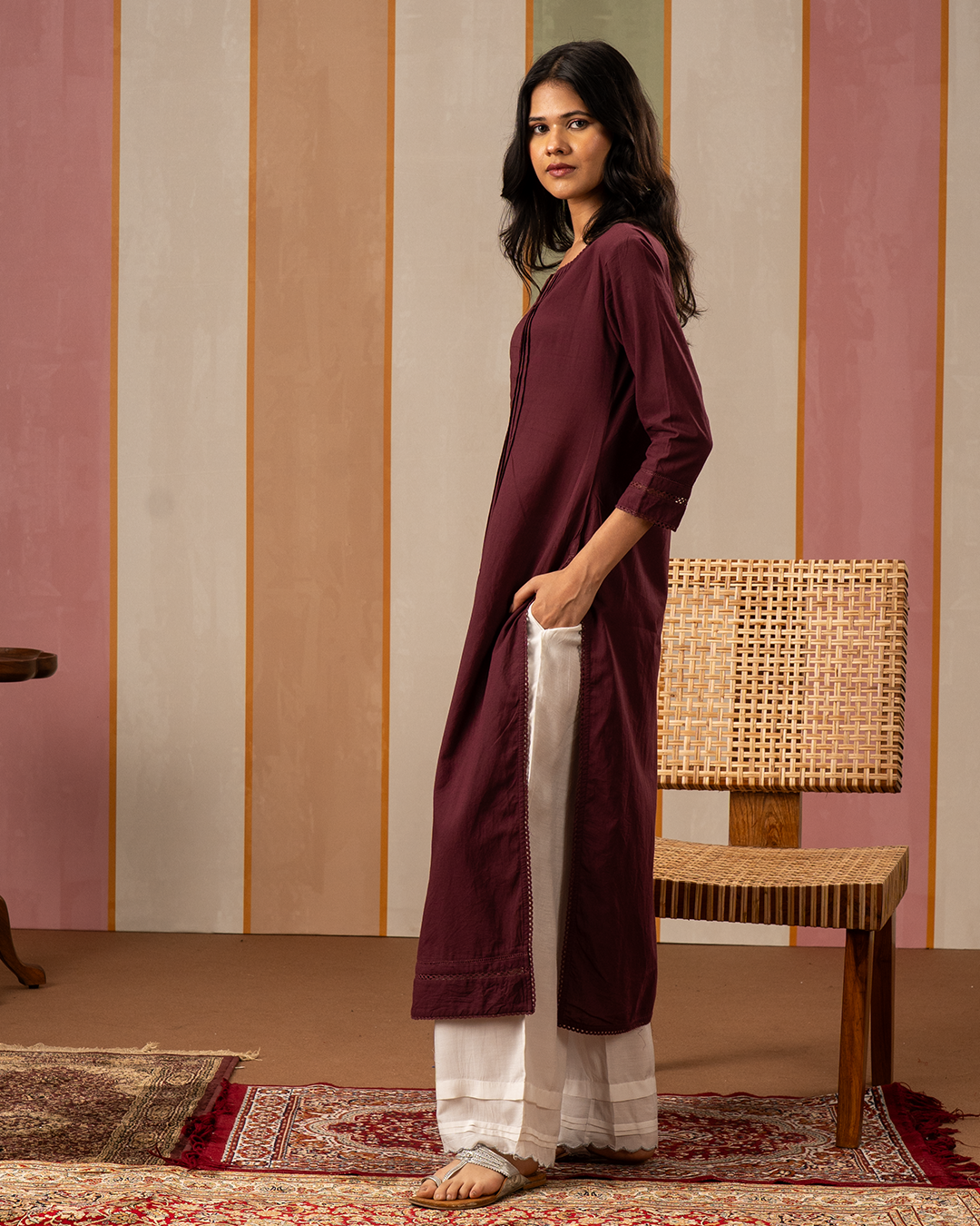 Purple Solid Cotton Kurta Set with Printed Cotton Dupatta - Industale