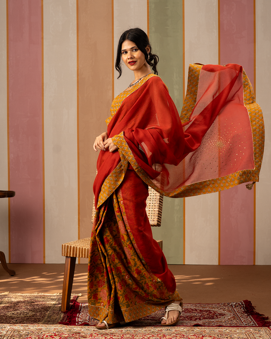Red and Yellow Doria Blockprint Cotton Saree with Embroidery - Industale