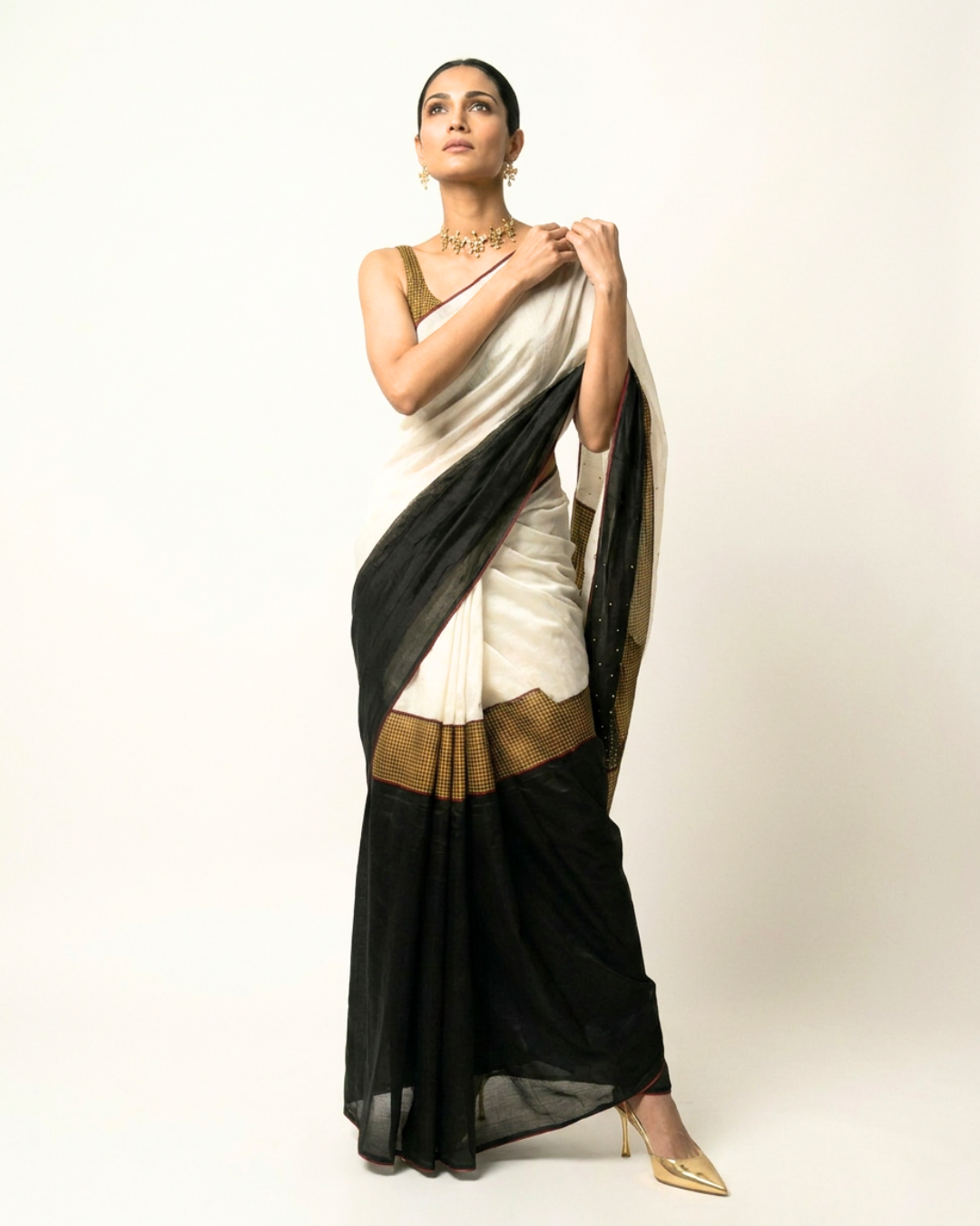 Goonj Chanderi Saree - Gold, Ivory & Charcoal
