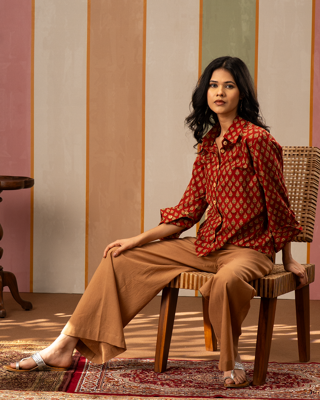 Red and Brown Cotton Blockprint Shirt Coord Set - Industale