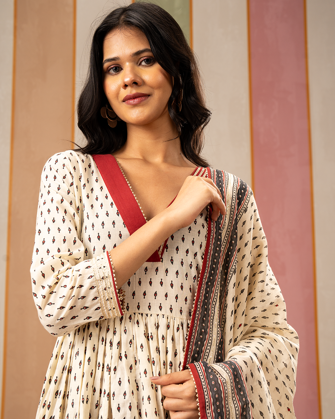 White Printed Cotton Flare Kurta Set - Industale