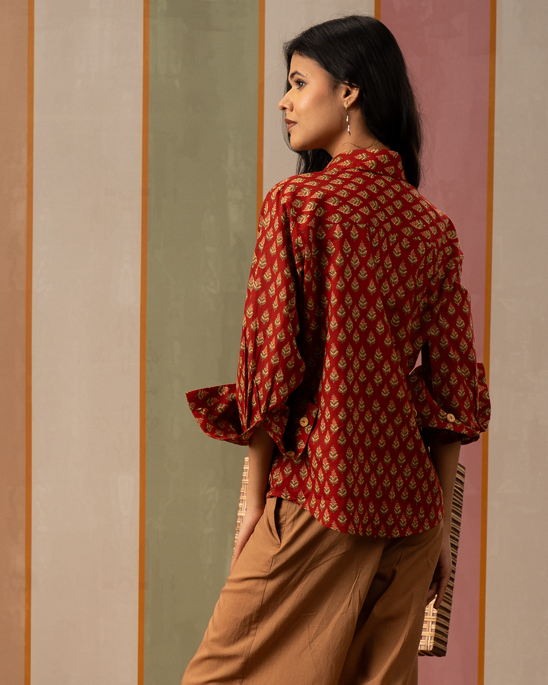 Red Blockprint Womens Cotton Shirt - Industale