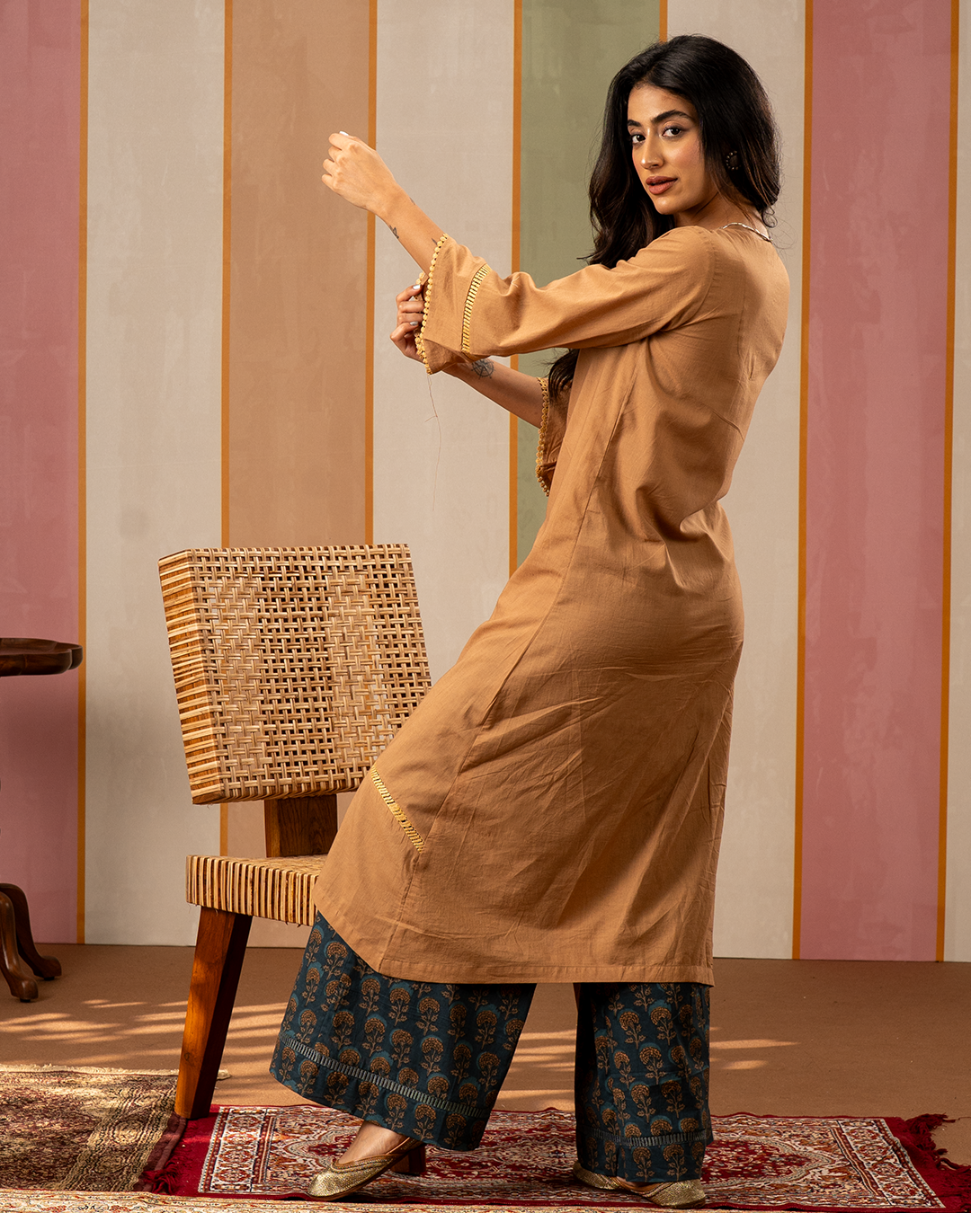 Brown and Blue Printed Cotton Kurta Set - Industale