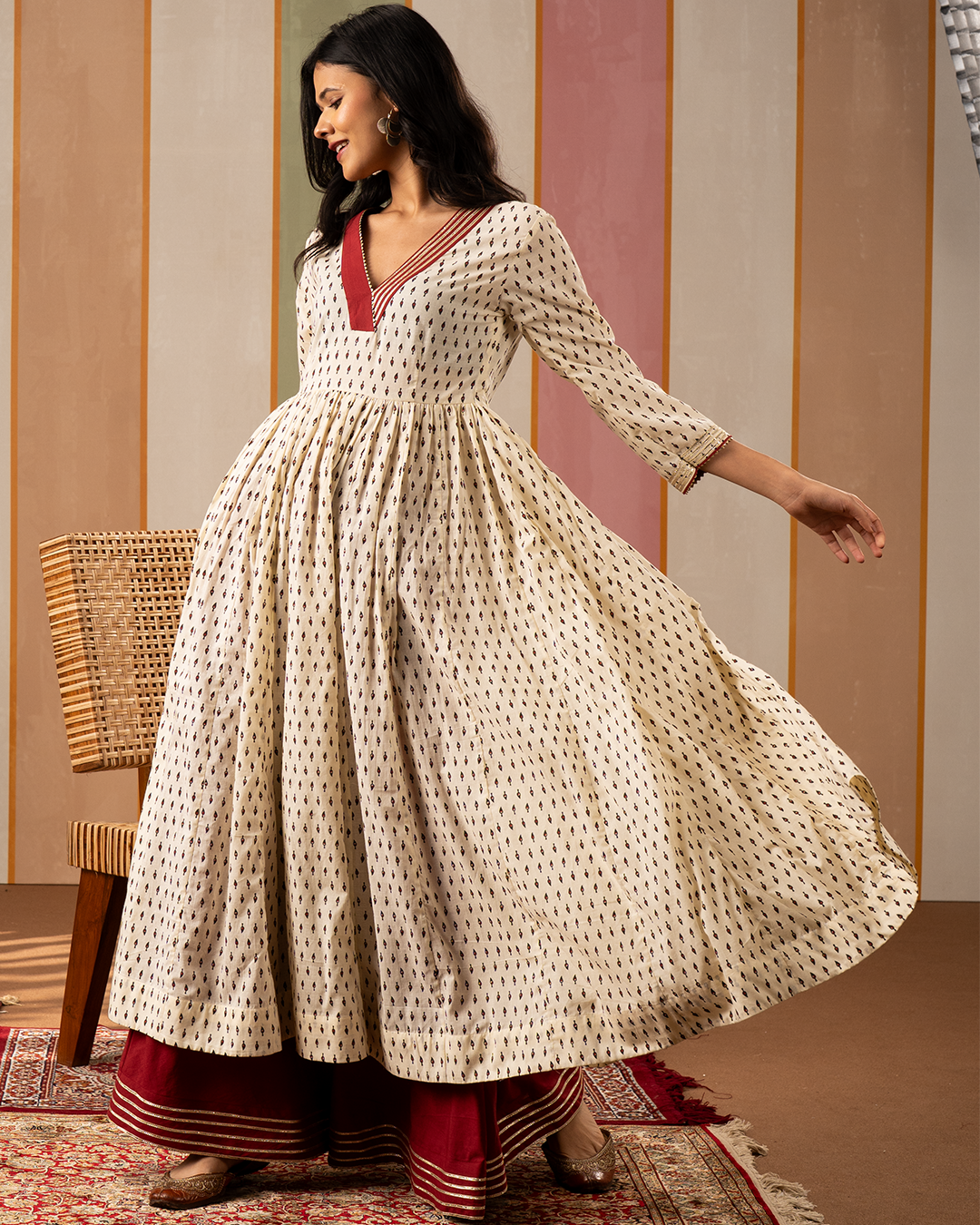 White Printed Cotton Flare Kurta Set - Industale