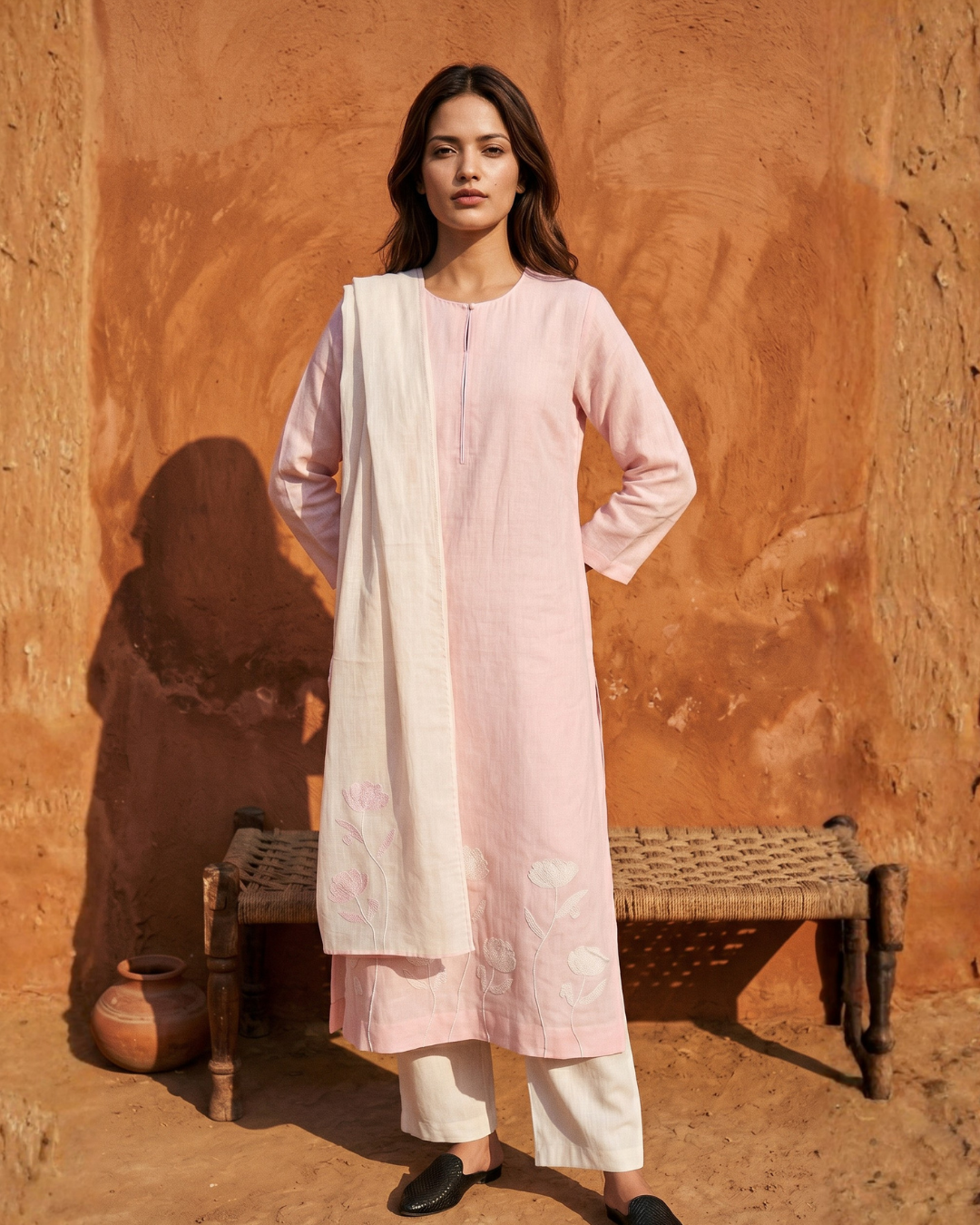 Blossom Linen Kurta Set - Baby Pink