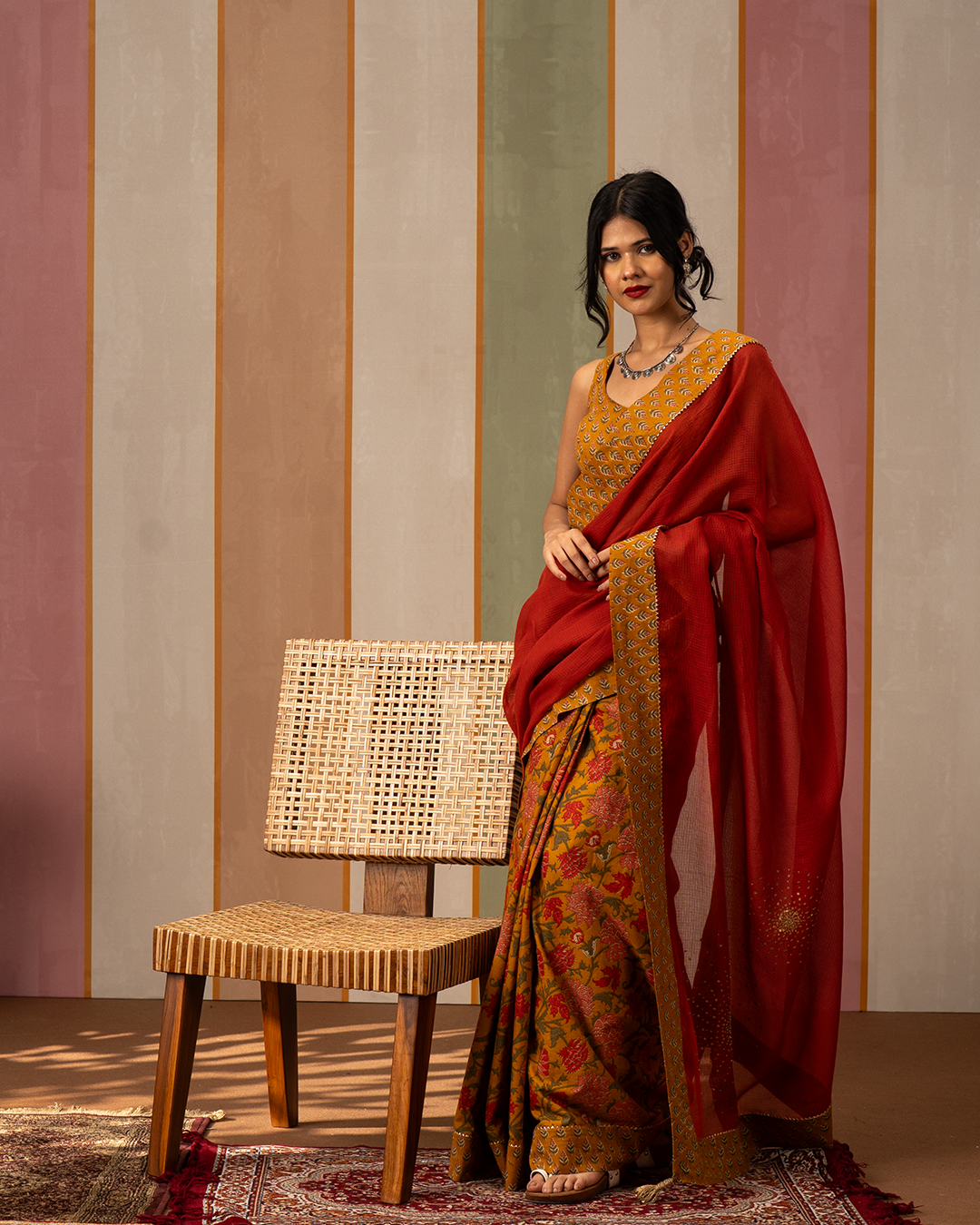 Red and Yellow Doria Blockprint Cotton Saree with Embroidery - Industale