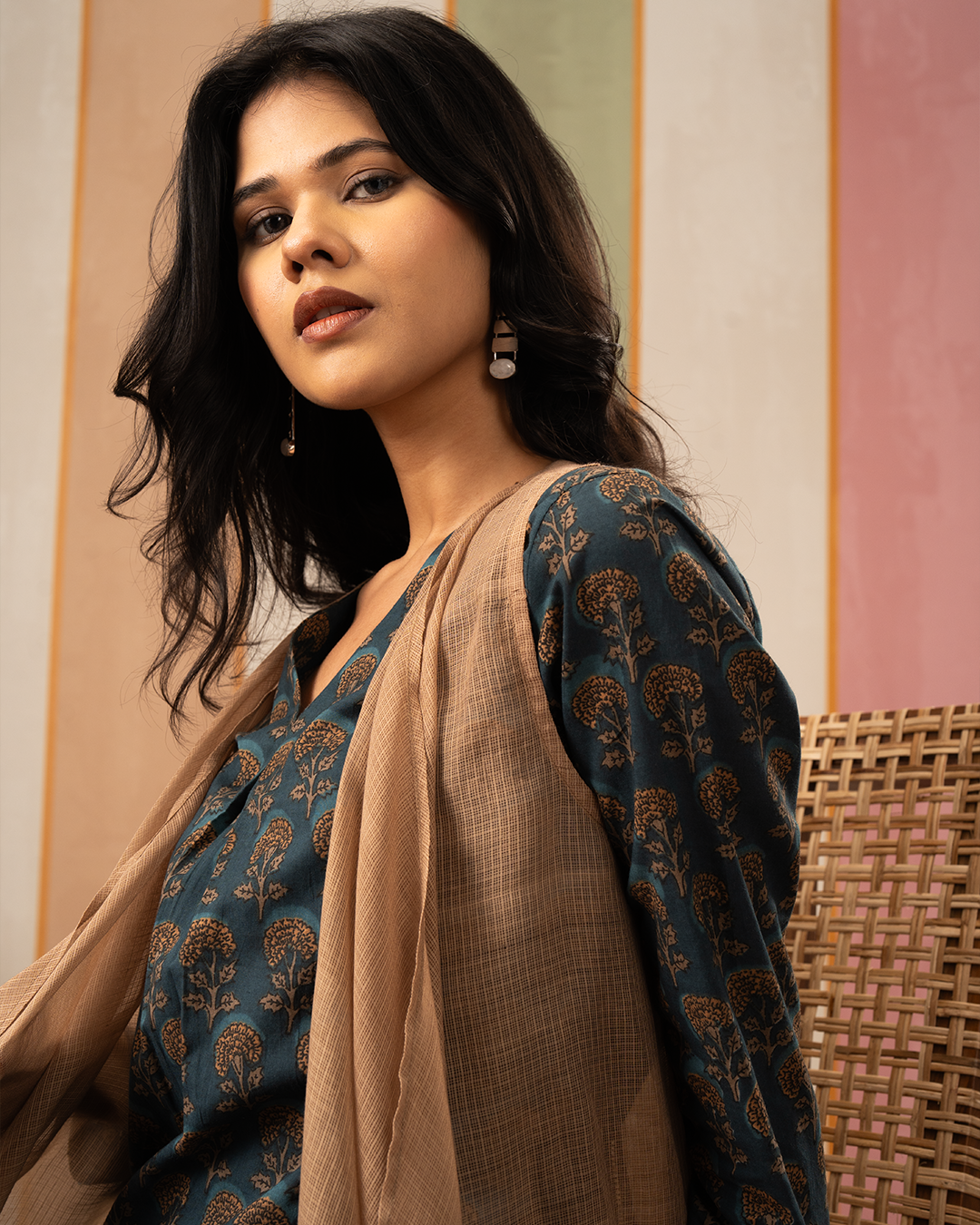 Blue and Brown Cotton Doria Blockprint Coord Set with Jacket - Industale