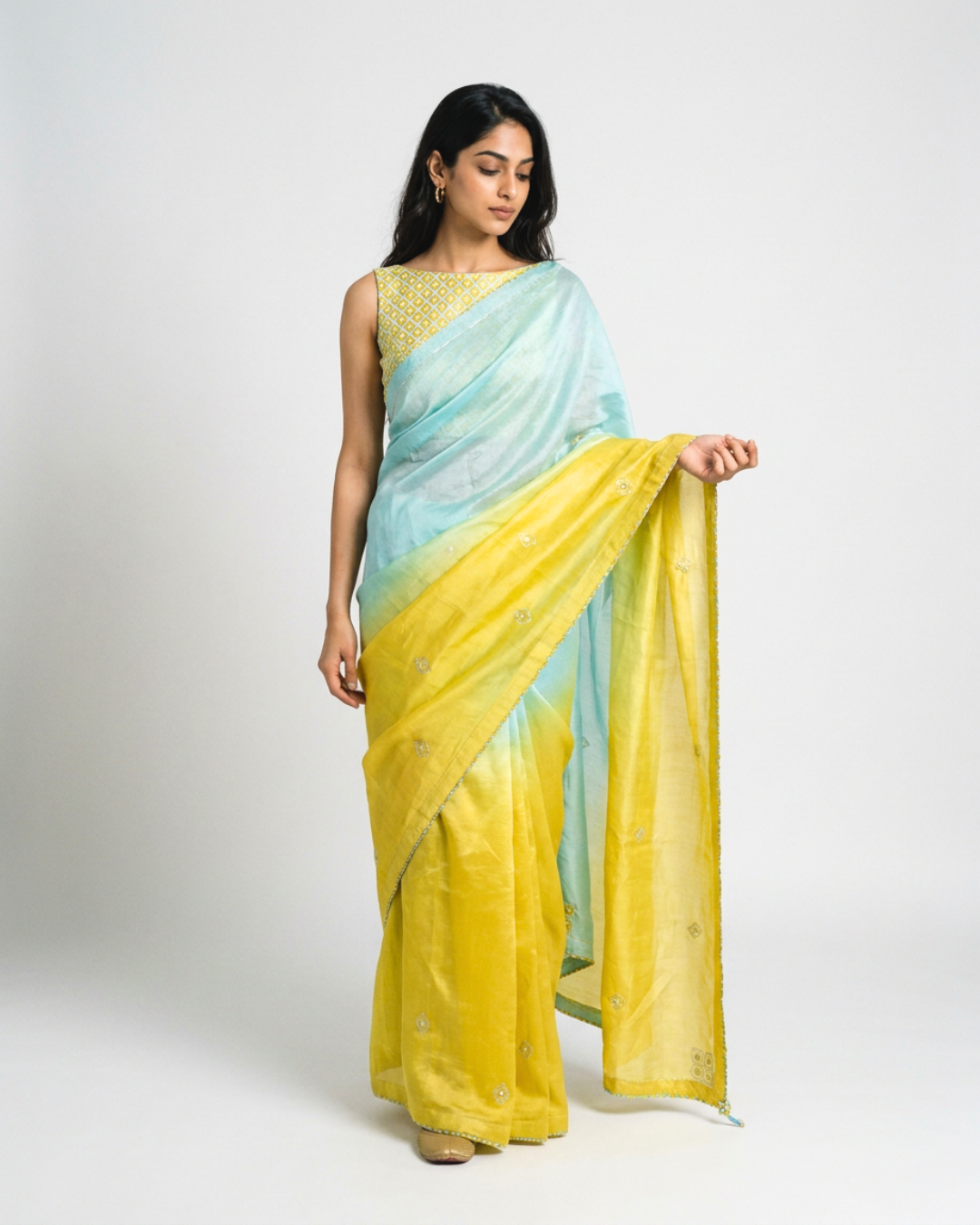 Ambar Chanderi Saree - Yellow & Blue
