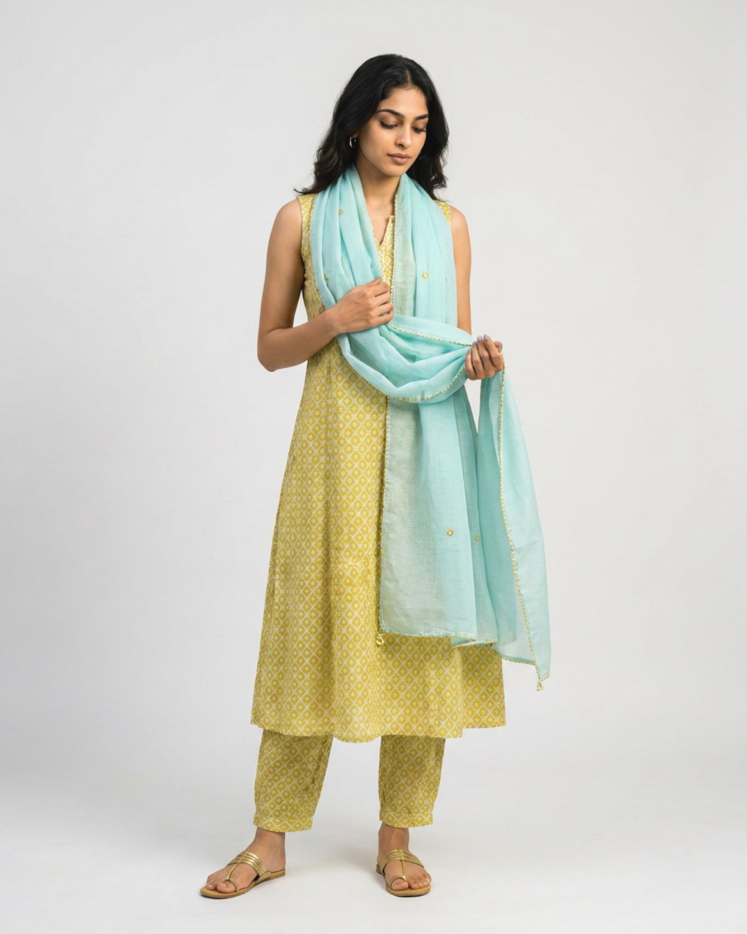 Ambar Mul Kurta Set - Yellow & Blue
