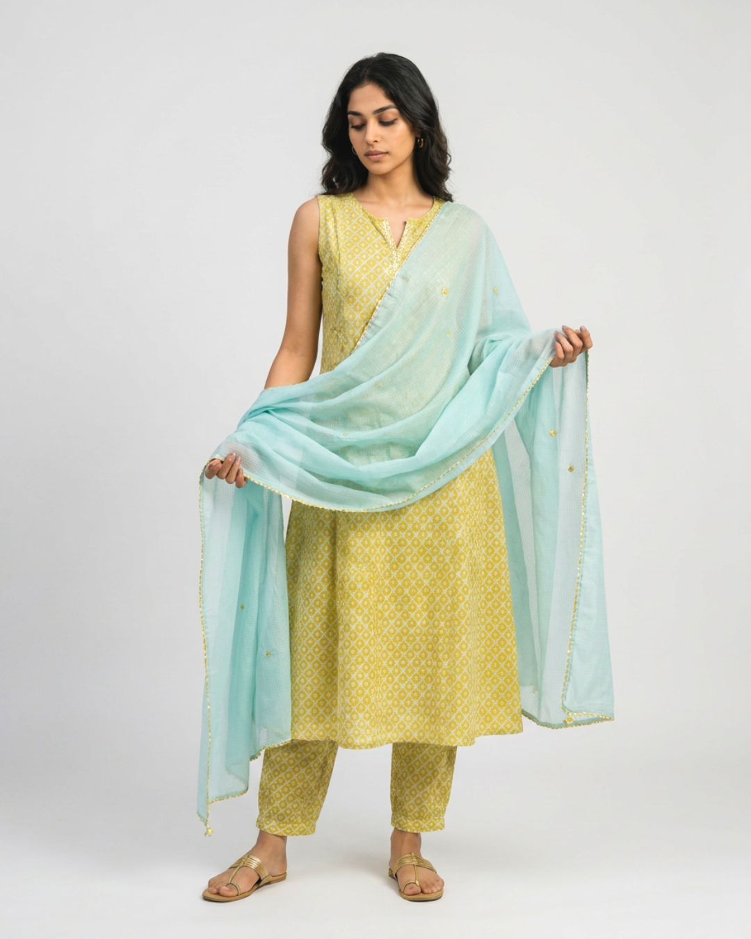 Ambar Mul Kurta Set - Yellow & Blue