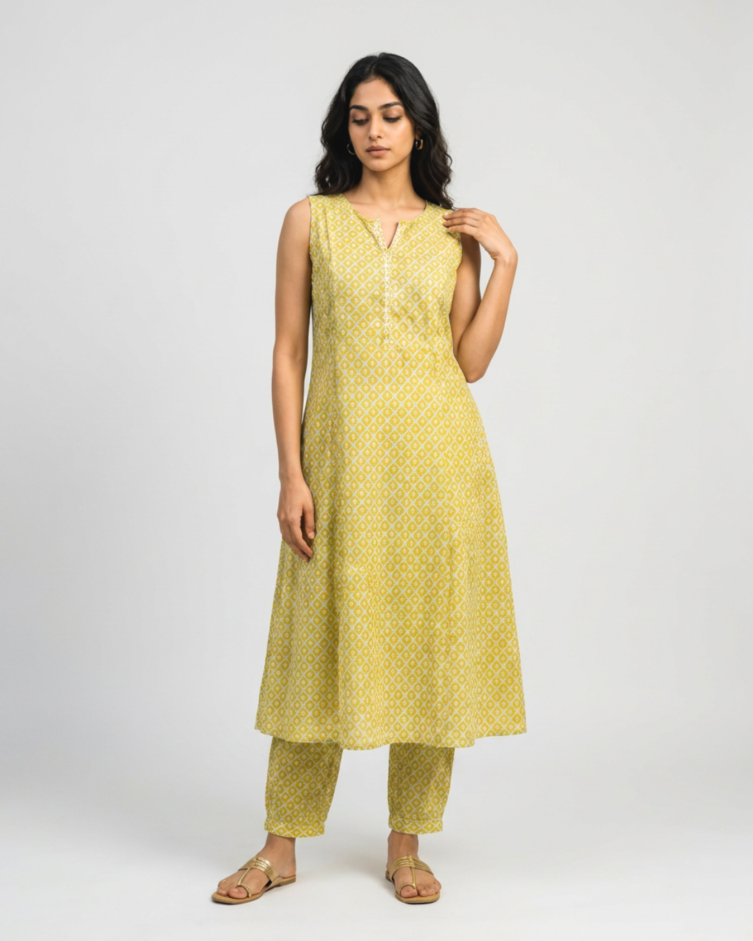 Ambar Mul Kurta Set - Yellow & Blue