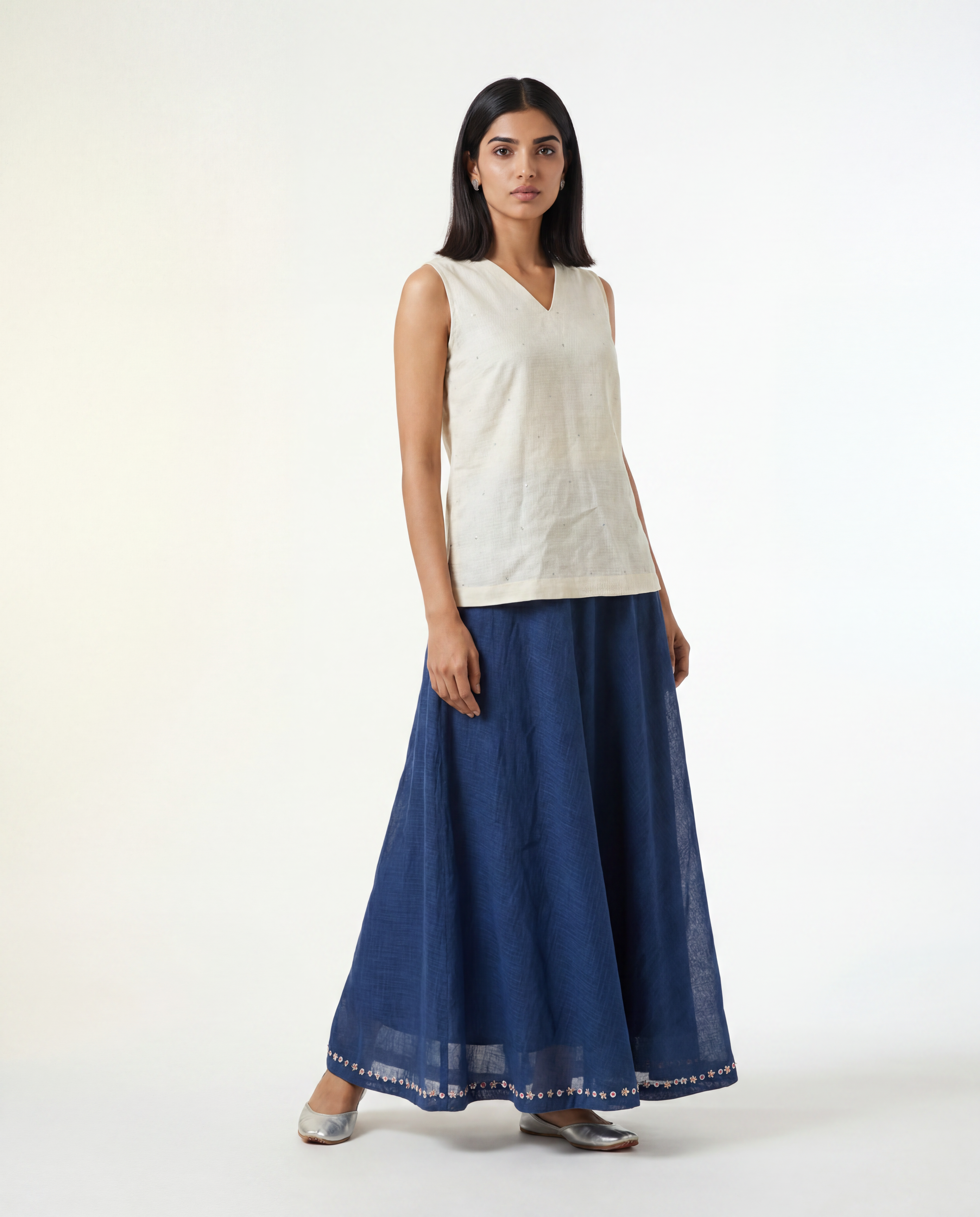 Asma Skirt Set - White & Navy Blue