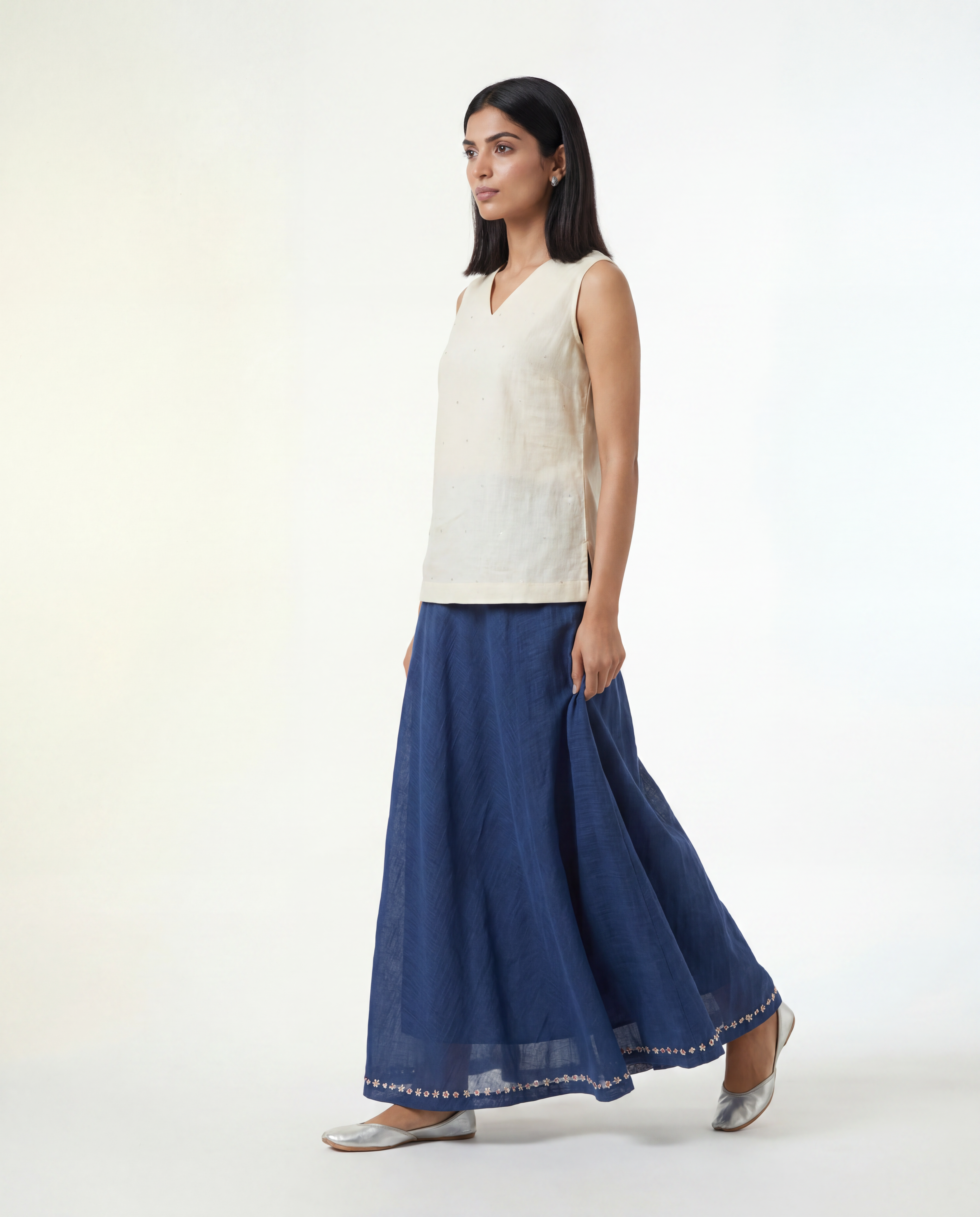 Asma Skirt Set - White & Navy Blue