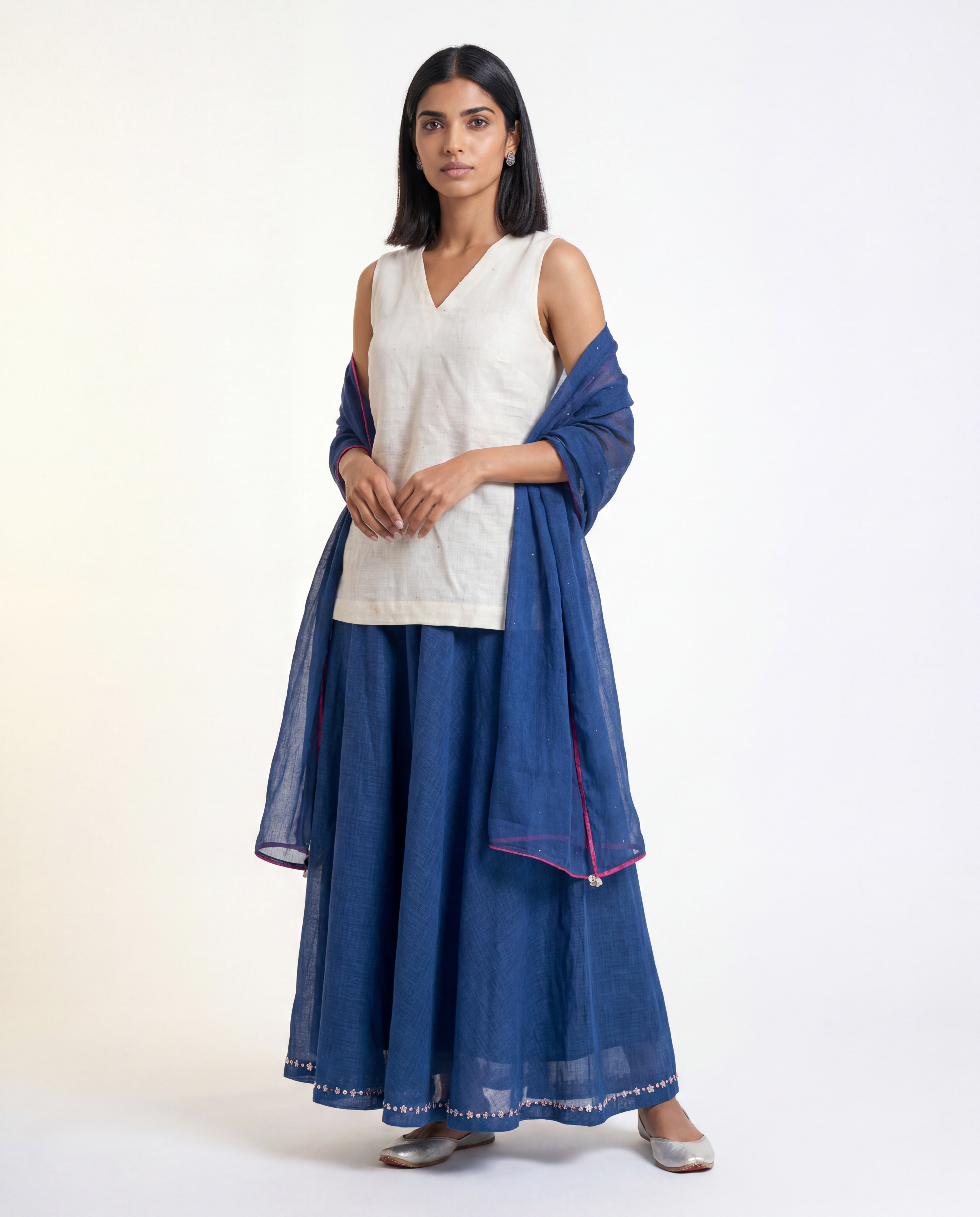 Asma Skirt Set - White & Navy Blue