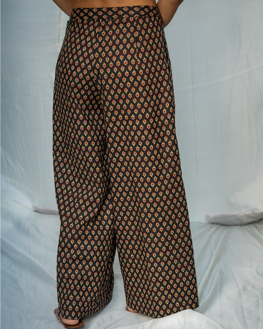 Black Blockprint Cotton Wide Leg Palazzo Pants