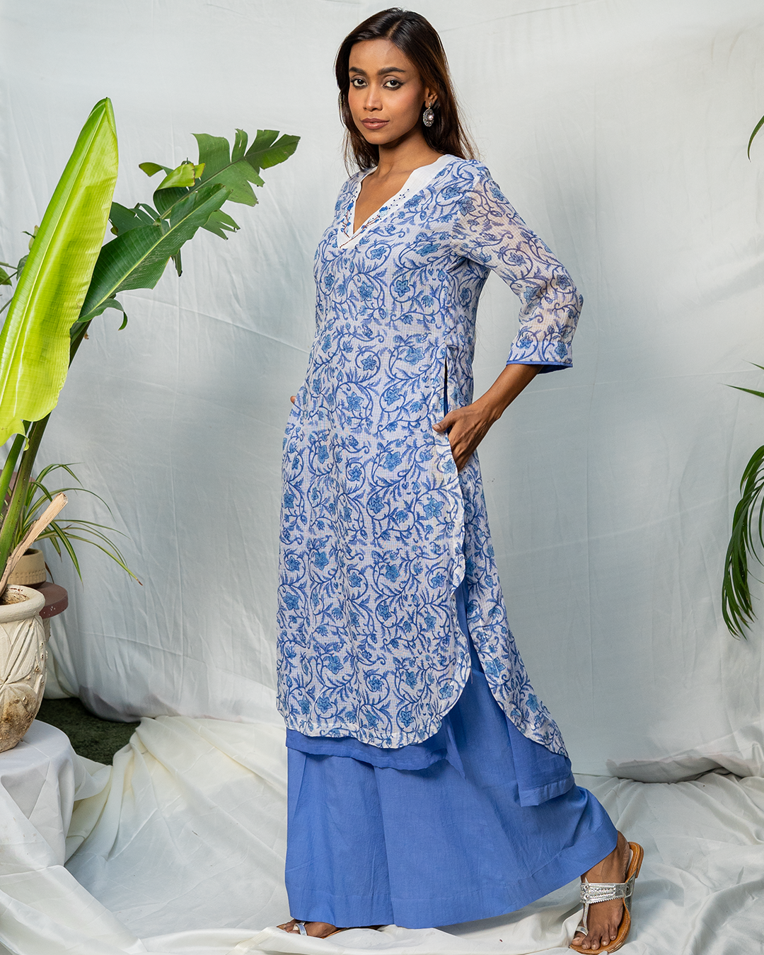 Blue Hand Block Printed Doria A-Line Kurta