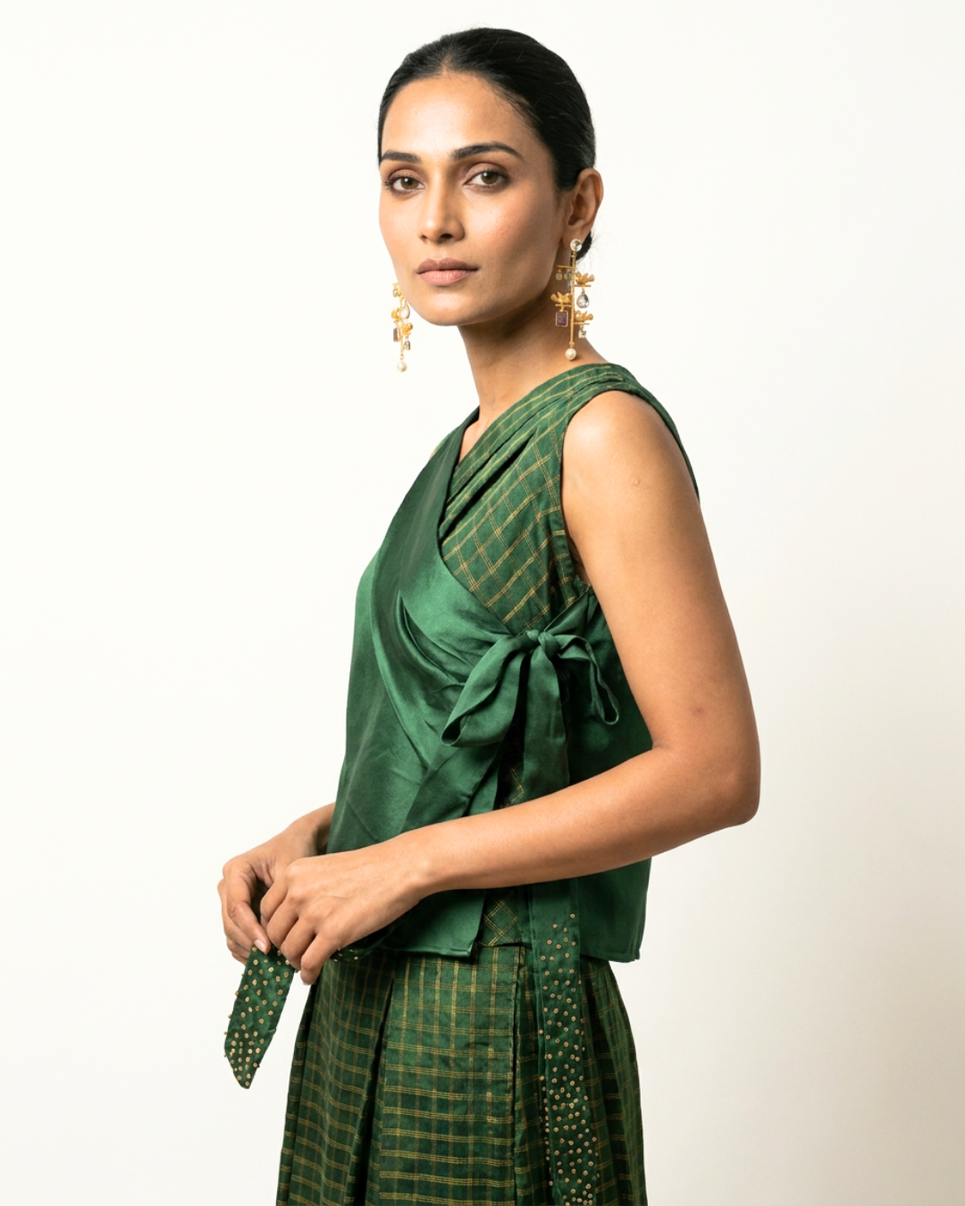 Dehri Tissue Chanderi Top - Green