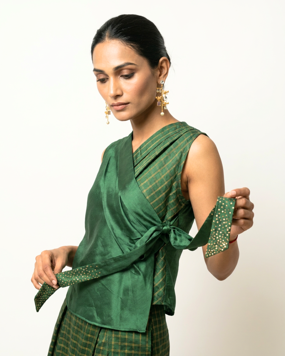Dehri Tissue Chanderi Top - Green